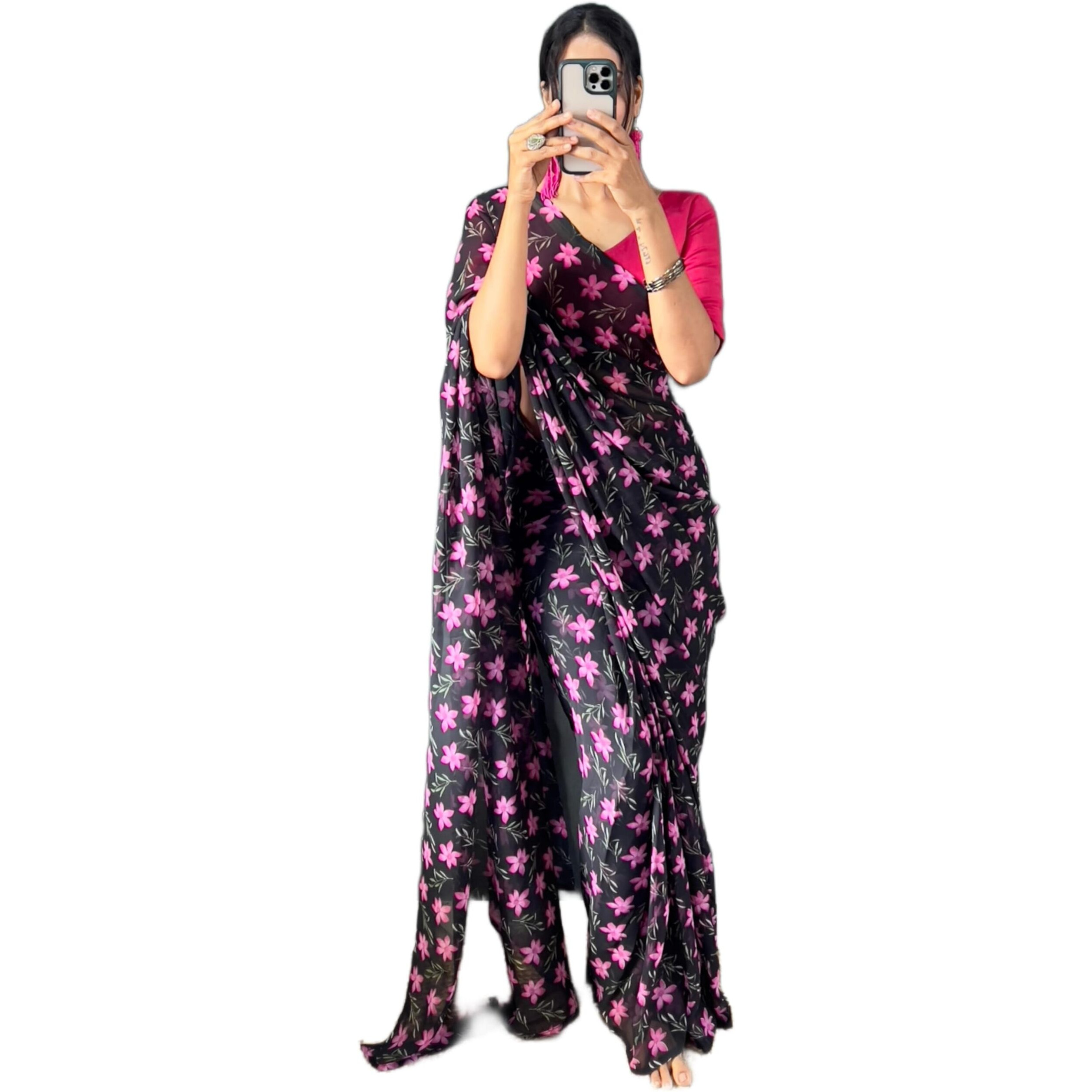Stylescope Women's Georgette Floral Printed Ready To Wear One Minute Saree With Unstitched Blouse Piece (RTW Champa Black_Black_Free Size)