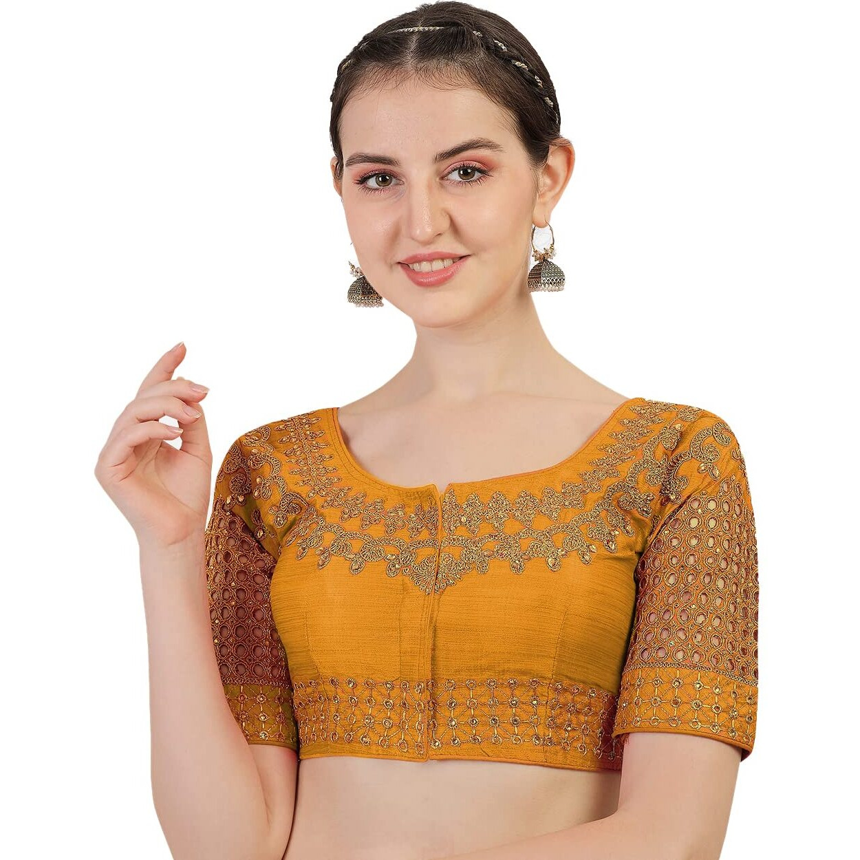 Pujia Mills Women's Silk Floral Half Sleeve Regular Blouse (Jali Blouse Yellow 38)