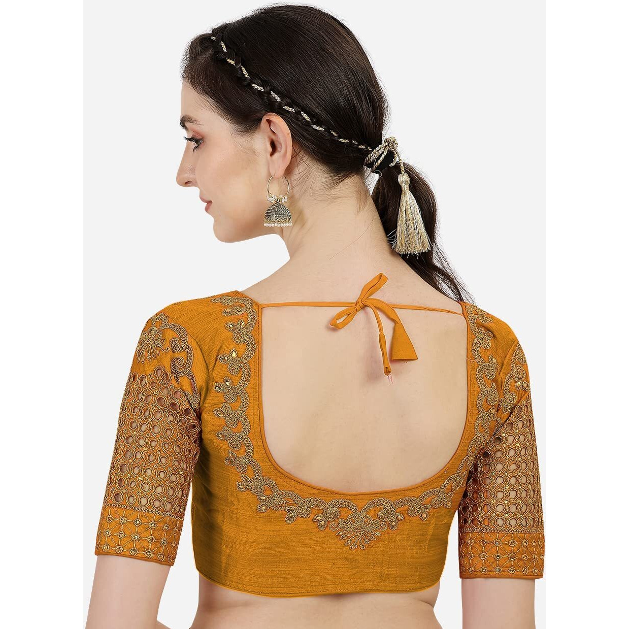 Pujia Mills Women's Silk Floral Half Sleeve Regular Blouse (Jali Blouse Yellow 38)