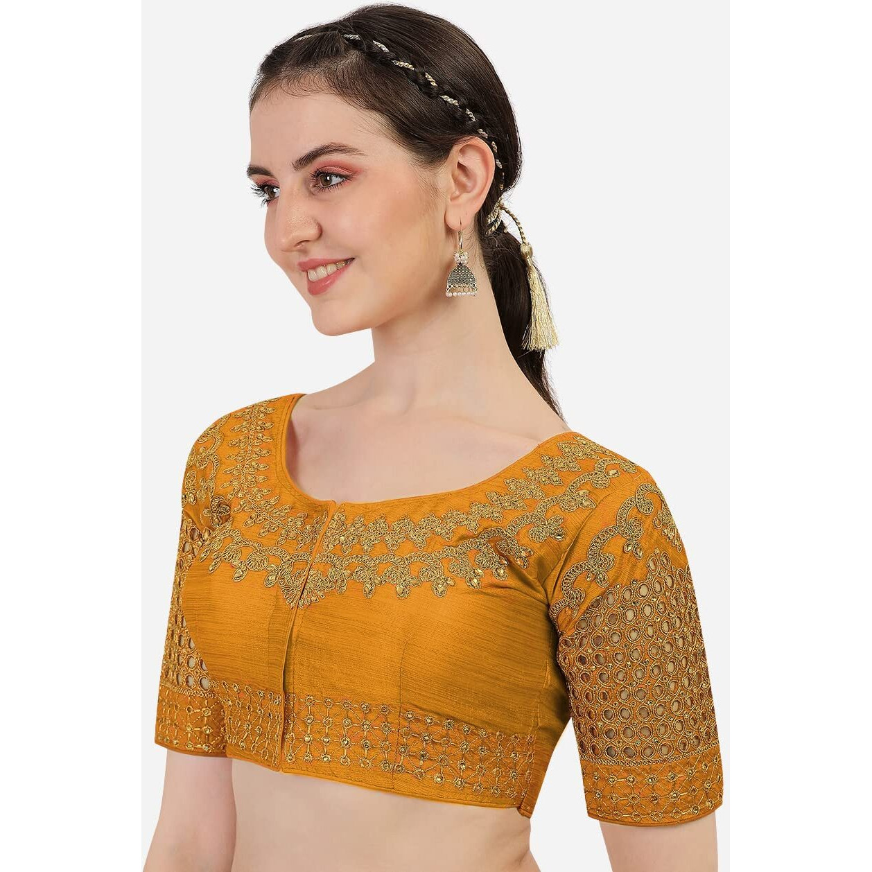 Pujia Mills Women's Silk Floral Half Sleeve Regular Blouse (Jali Blouse Yellow 38)