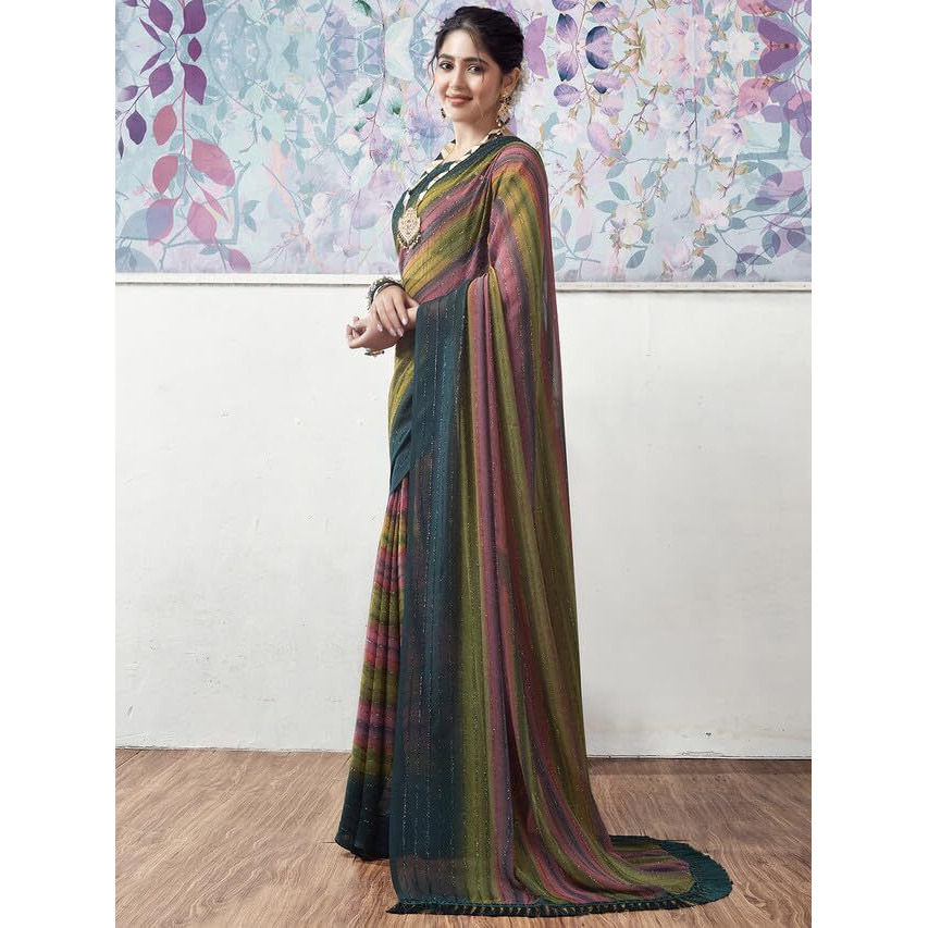 Satrani Women's Georgette Glitter Zari Stripe Printed Saree with Unstitched Blouse Piece (3498S722N_Rama & Mustard & Pink)