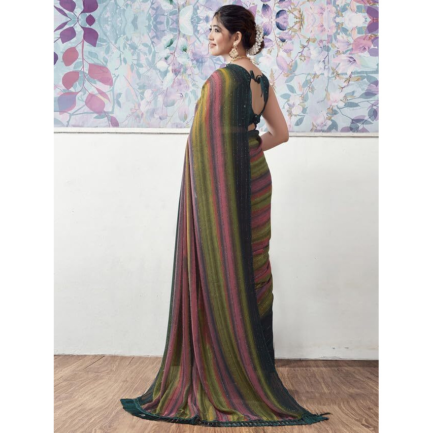 Satrani Women's Georgette Glitter Zari Stripe Printed Saree with Unstitched Blouse Piece (3498S722N_Rama & Mustard & Pink)