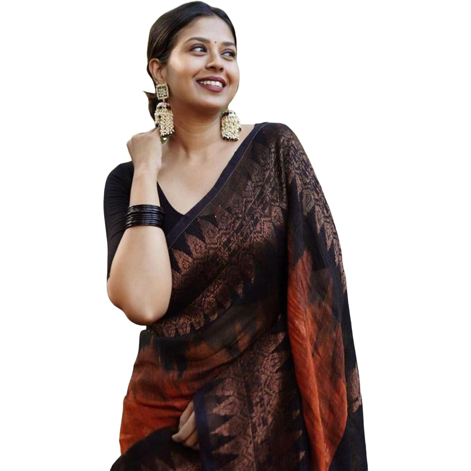 Satrani Women's Poly Cotton Jacquard Saree with Unstitched Blouse Piece (3260S135N_Rust Orange2)