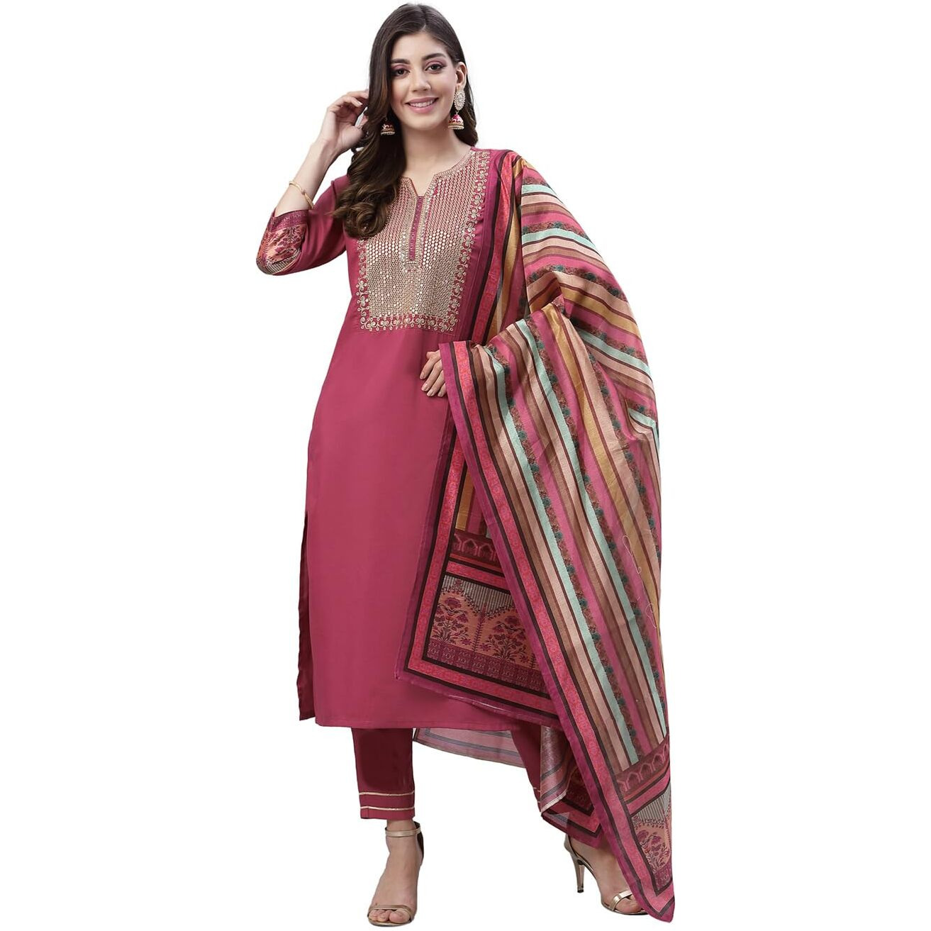 Sanisa Women's Embroidery Chinnon Straight Kurta Set with Dupatta (28KBD371NC-XXL_Rose Pink)