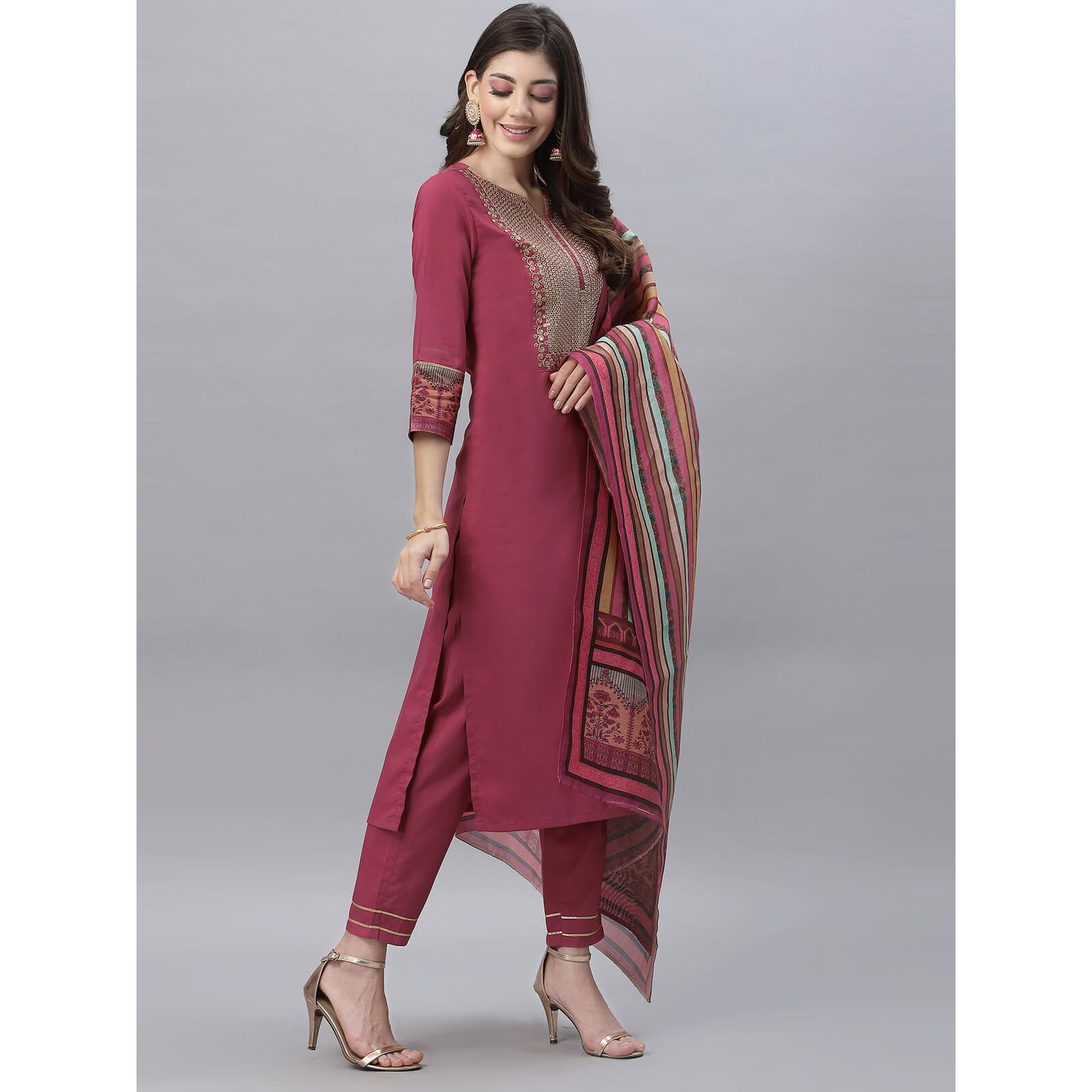 Sanisa Women's Embroidery Chinnon Straight Kurta Set with Dupatta (28KBD371NC-XXL_Rose Pink)