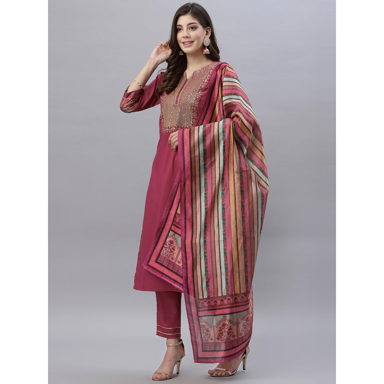 Sanisa Women's Embroidery Chinnon Straight Kurta Set with Dupatta (28KBD371NC-XXL_Rose Pink)