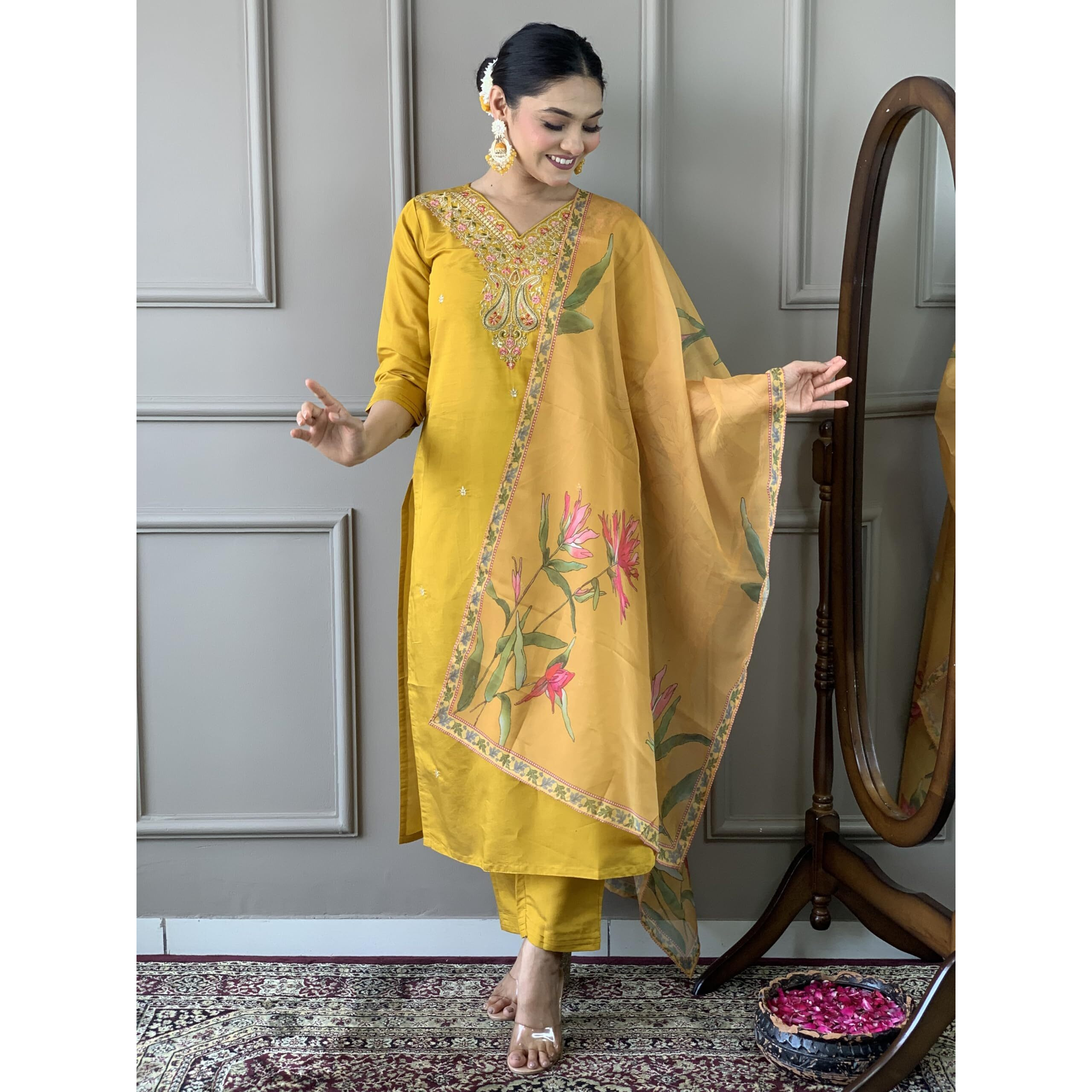 Naixa Women's Mustard Viscose Silk Embroidered Straight Kurta with Viscose Silk Pant and Organza Printed Dupatta Sets (NX-S-Gauri-Mustard-S)