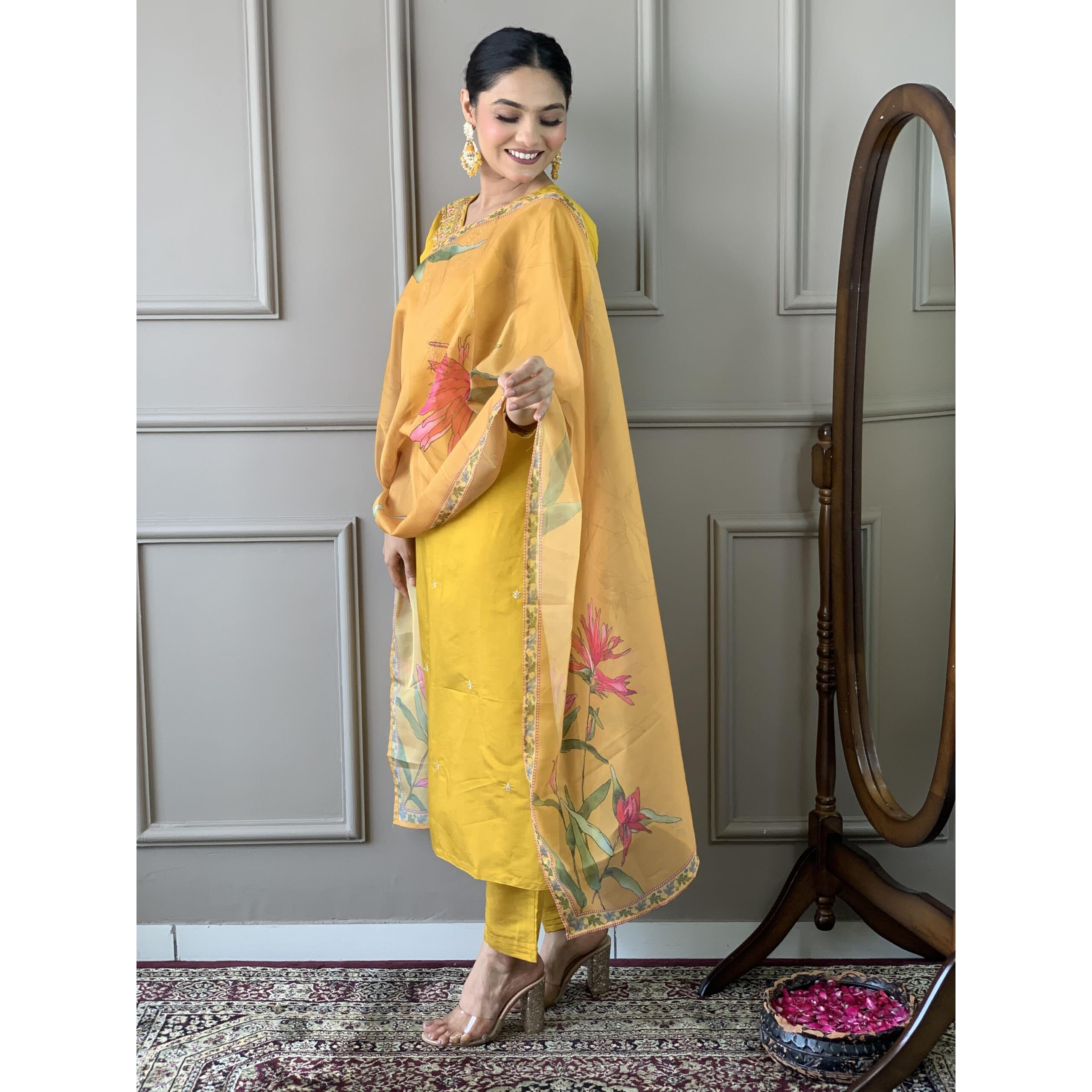 Naixa Women's Mustard Viscose Silk Embroidered Straight Kurta with Viscose Silk Pant and Organza Printed Dupatta Sets (NX-S-Gauri-Mustard-S)