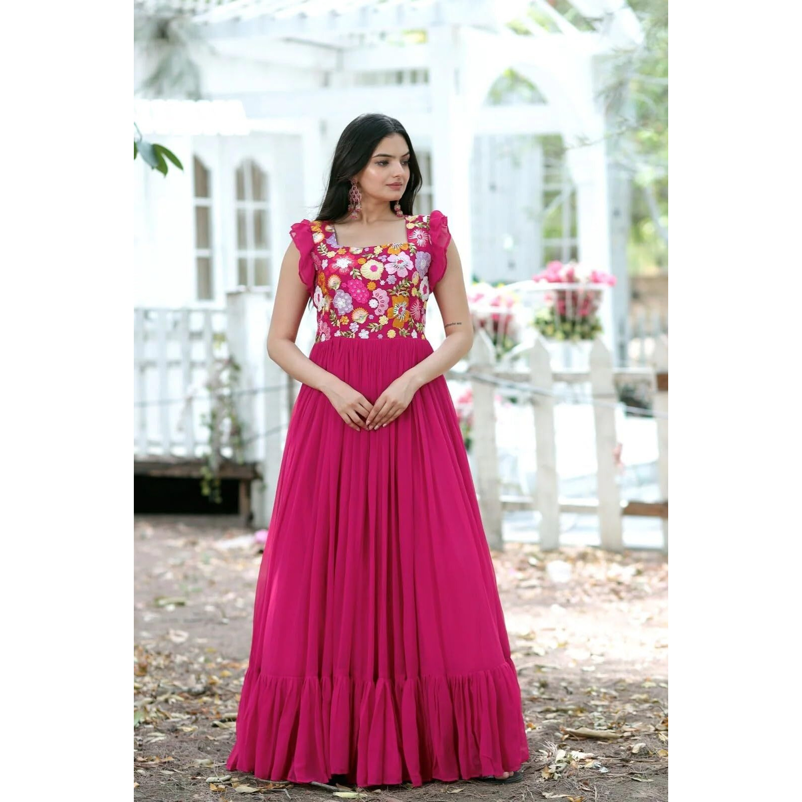 FOXDX Traditional Ethnic Sequence Anarkali and Embroidery Work Pure Georgette Midi Maxi Gown for Stylish Women (XX-Large, Pink)