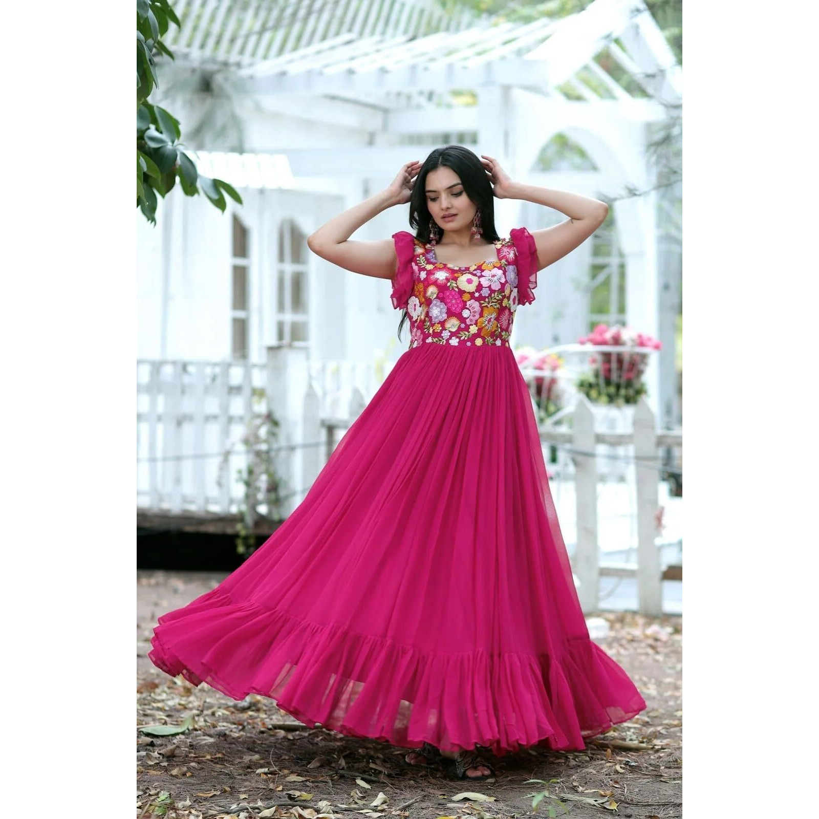 FOXDX Traditional Ethnic Sequence Anarkali and Embroidery Work Pure Georgette Midi Maxi Gown for Stylish Women (XX-Large, Pink)