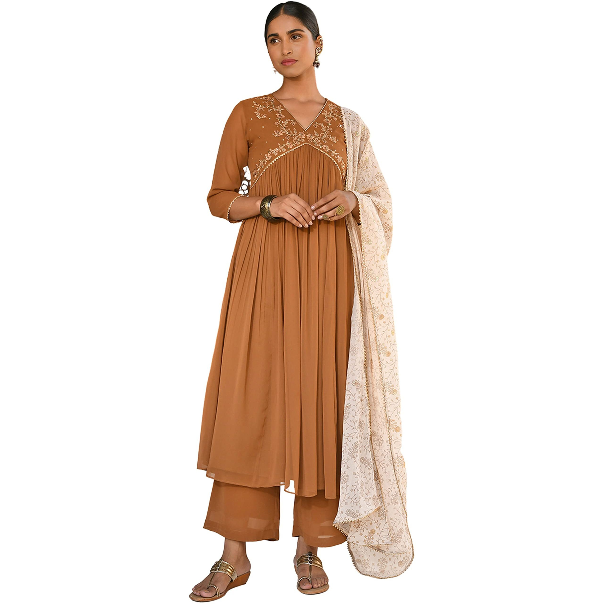 Janasya Women's Brown Georgette Floral Embroidery Kurta with Palazzo and Dupatta(J0492-KR-PP-S)