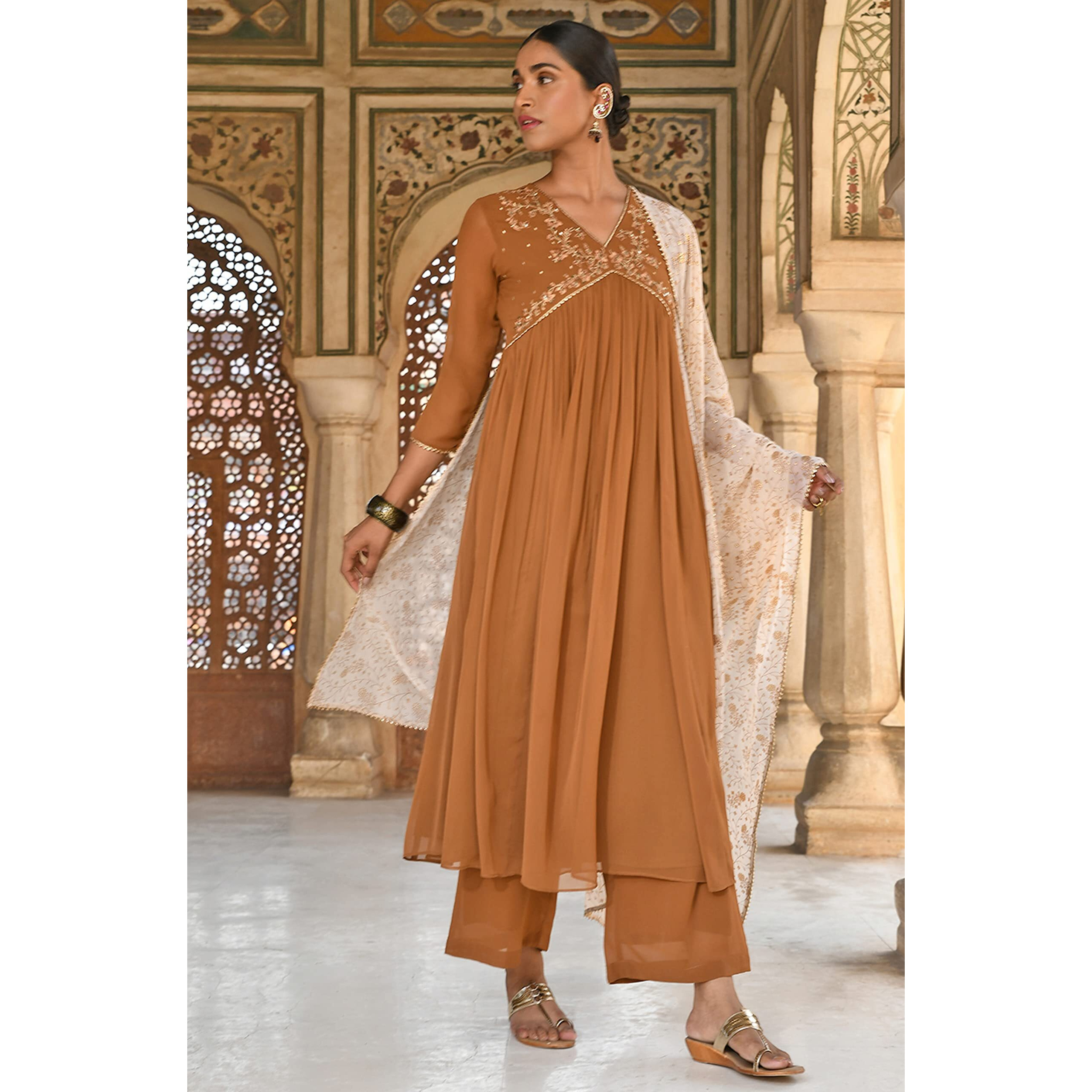 Janasya Women's Brown Georgette Floral Embroidery Kurta with Palazzo and Dupatta(J0492-KR-PP-S)