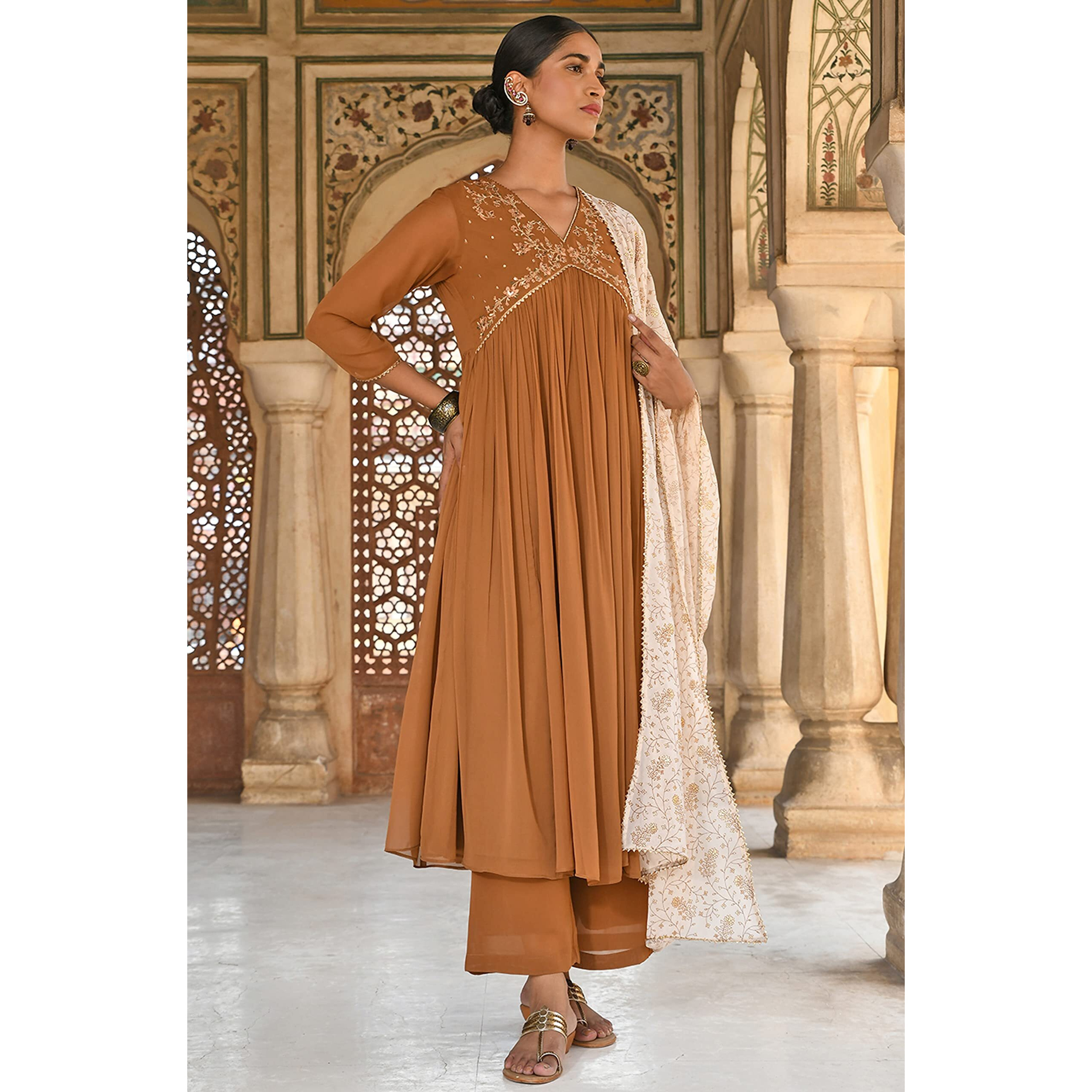 Janasya Women's Brown Georgette Floral Embroidery Kurta with Palazzo and Dupatta(J0492-KR-PP-S)