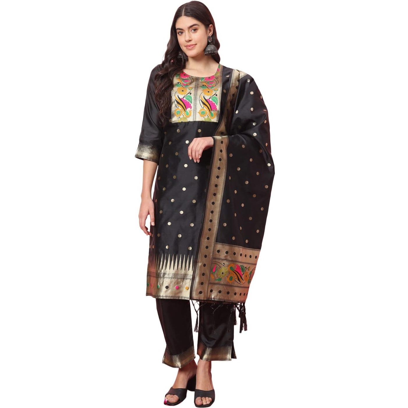 PPTOSS Women's Cotton Silk Jacquard Straight Kurta with Pant & Banarasi Silk Dupatta Set
