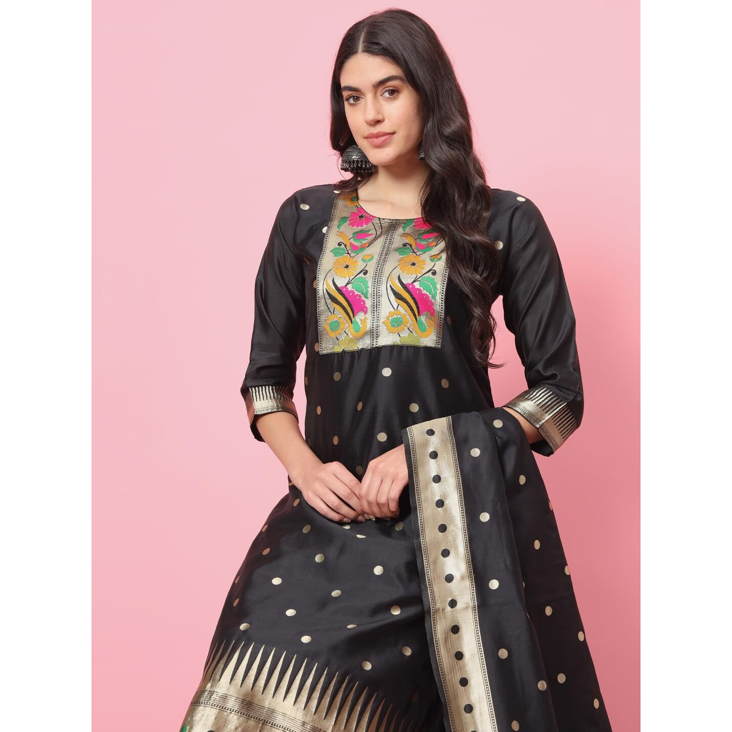 PPTOSS Women's Cotton Silk Jacquard Straight Kurta with Pant & Banarasi Silk Dupatta Set