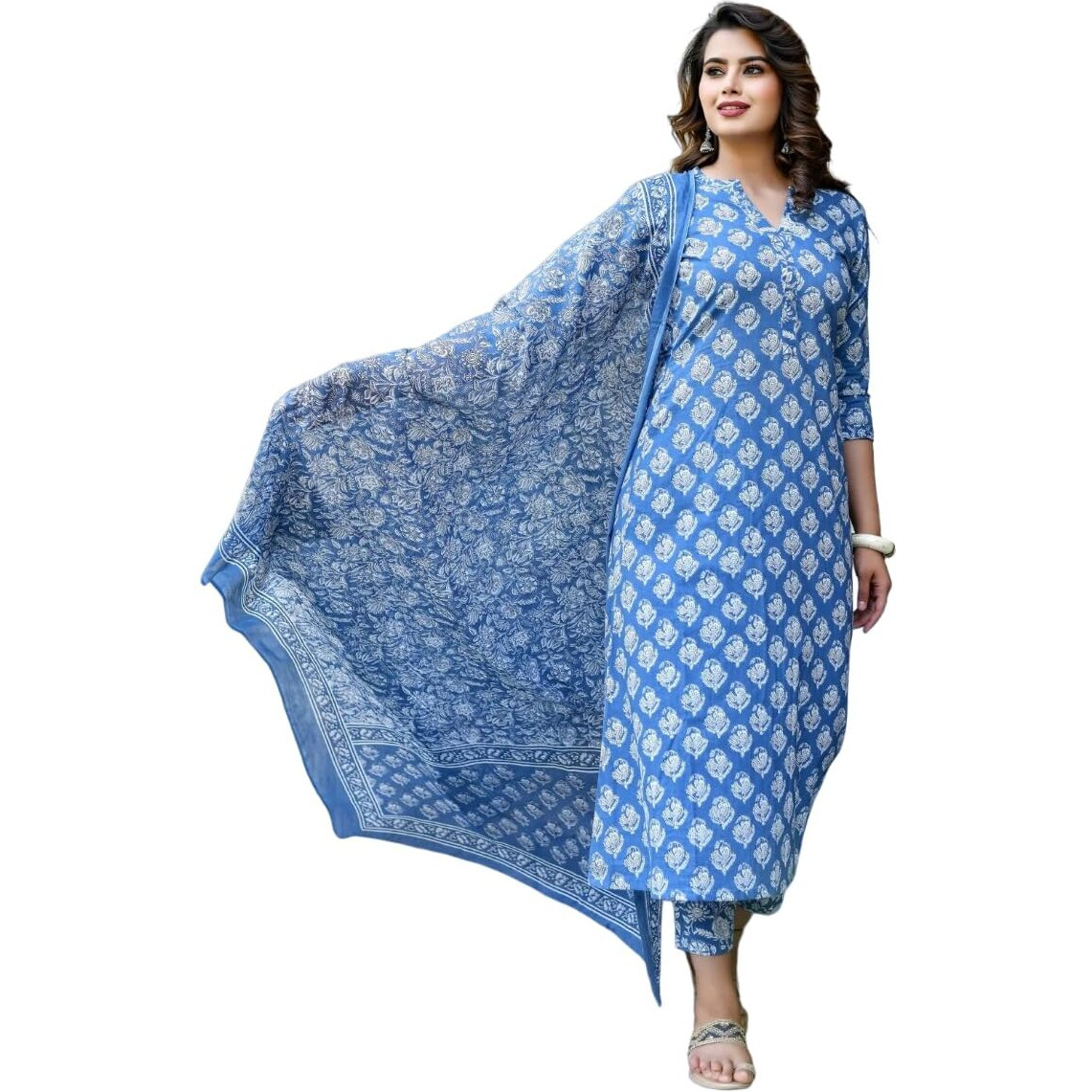 LookMark Women's Trendy Printed Cotton Blend Straight Kurta Pant Dupatta Set ||AZ-LM-OG-KS2087-M Blue