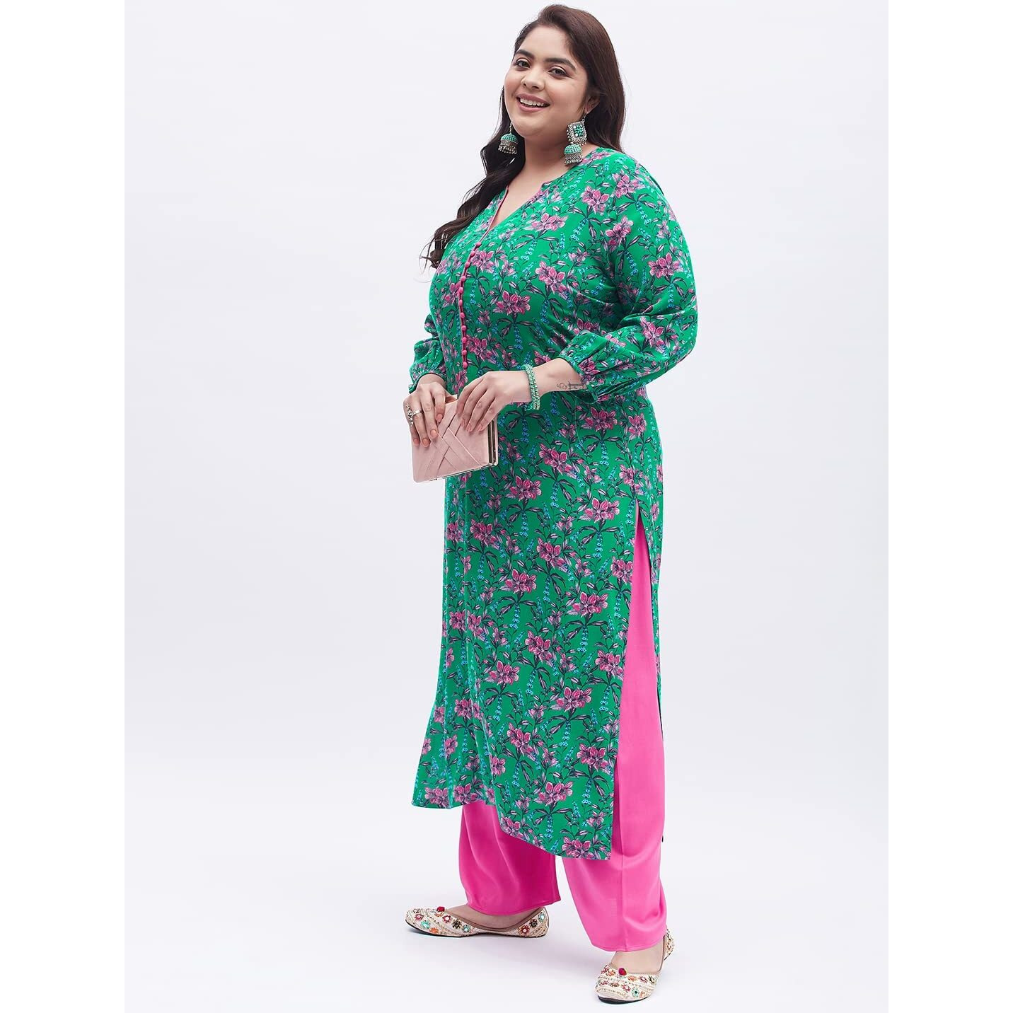 Tissu Women's Plus Size Dark Green & Pink Printed Kurta with Palazzo (T-Plus-640_Dark Green_6XL)