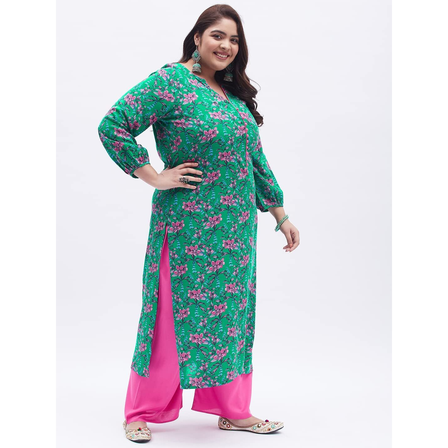 Tissu Women's Plus Size Dark Green & Pink Printed Kurta with Palazzo (T-Plus-640_Dark Green_6XL)