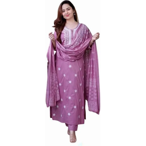 Suppar Sleave Women's Rayon Embroidered Straight Kurta and Pant with Dupatta Set for Women (Small, Light Purple)