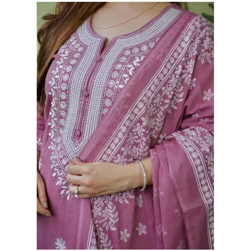 Suppar Sleave Women's Rayon Embroidered Straight Kurta and Pant with Dupatta Set for Women (Small, Light Purple)