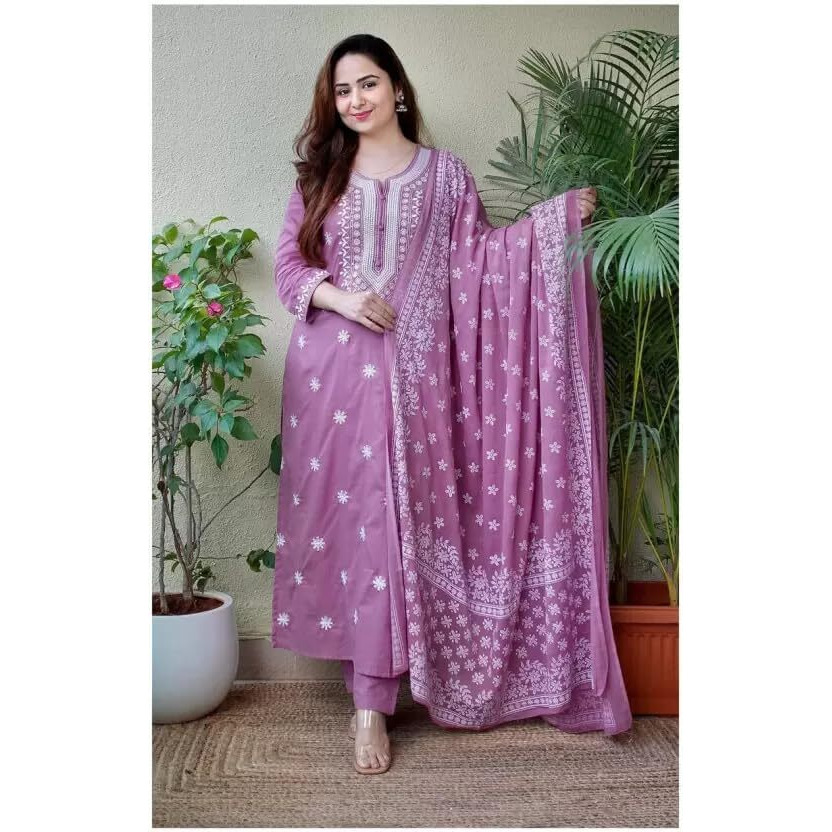 Suppar Sleave Women's Rayon Embroidered Straight Kurta and Pant with Dupatta Set for Women (Small, Light Purple)