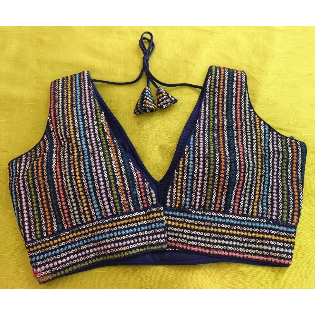 Vihu Fashion Women's Sleeveless Readymade sabyasachi Pattern V Neck Blouse Embroidery Work with Sequence Blouse Indian Ethnic wear Readymade Saree Navy Blue Color Blouse for Lehenga Choli stylis