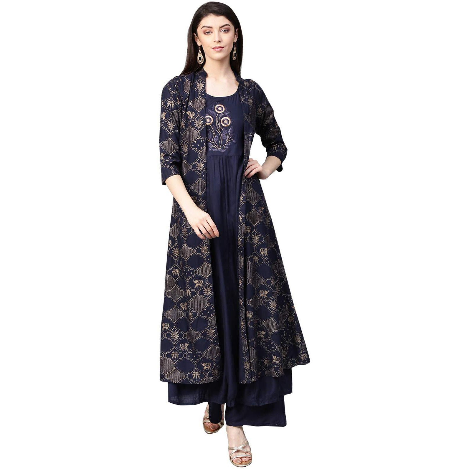 ishin Women's Rayon Navy Blue Embroidered Anarkali Kurta Palazzo Set With Jacket