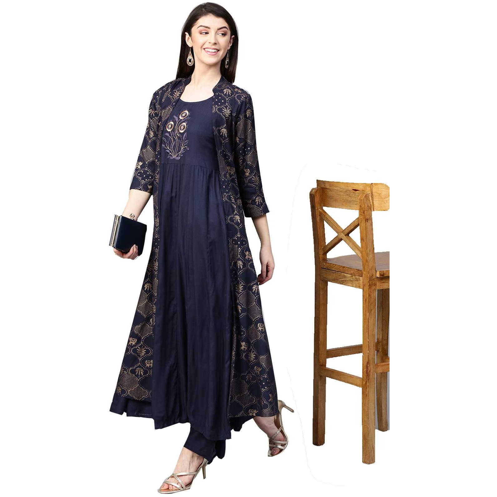 ishin Women's Rayon Navy Blue Embroidered Anarkali Kurta Palazzo Set With Jacket