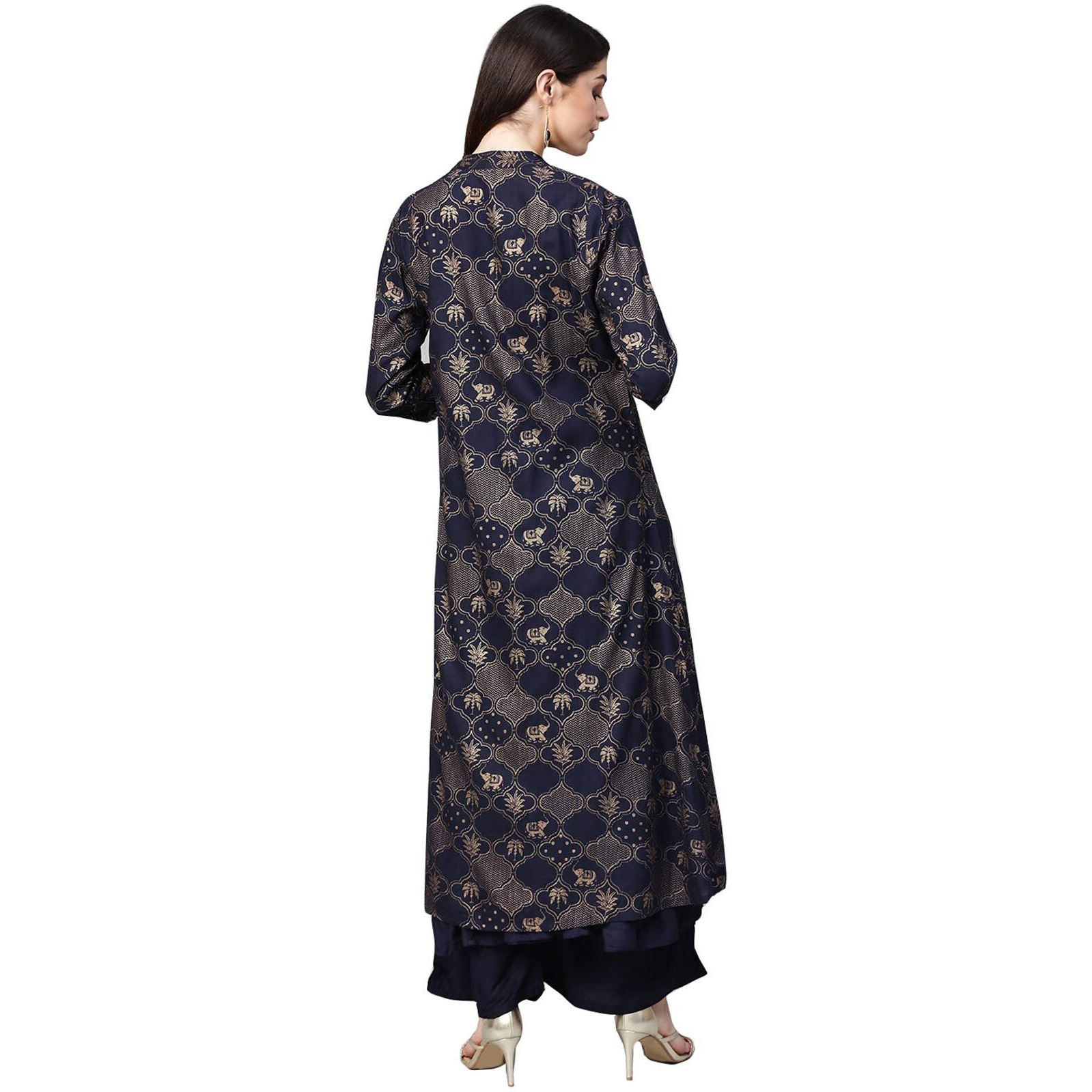 ishin Women's Rayon Navy Blue Embroidered Anarkali Kurta Palazzo Set With Jacket