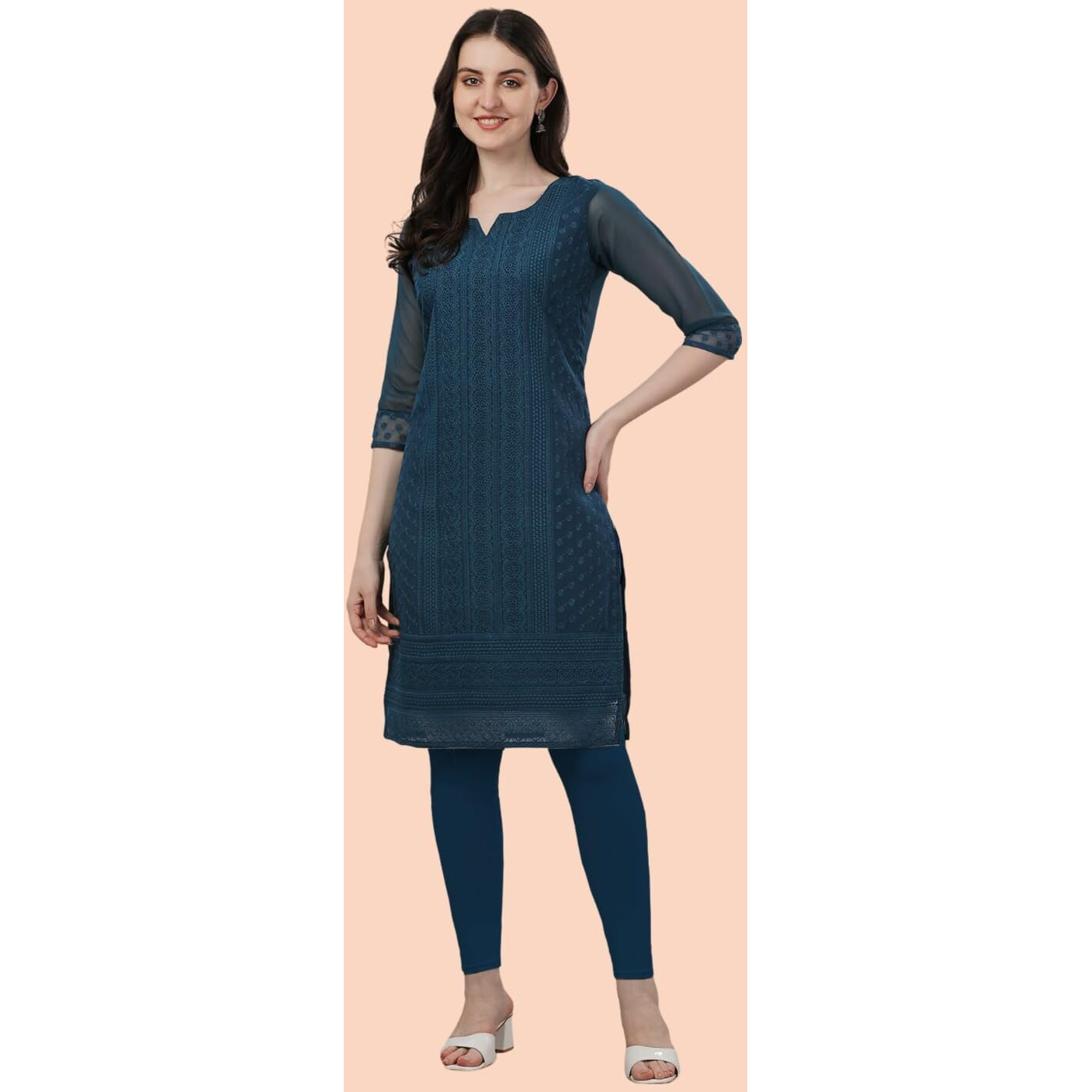 TRILLMIXA Women's Georgette Chikankari Embroidery Knee-Length Kurti for Girls Multicolour