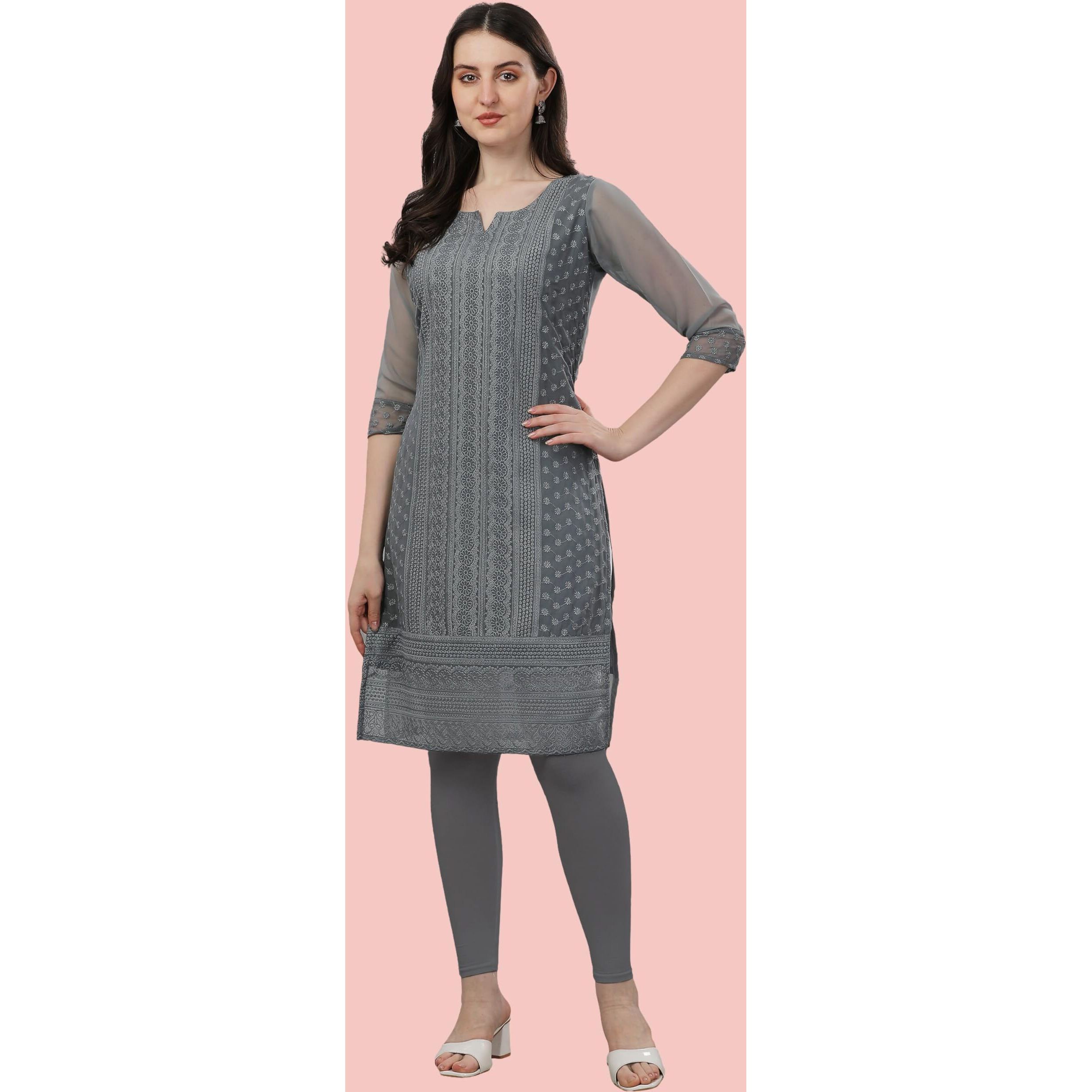 TRILLMIXA Women's Georgette Chikankari Embroidery Knee-Length Kurti for Girls Grey