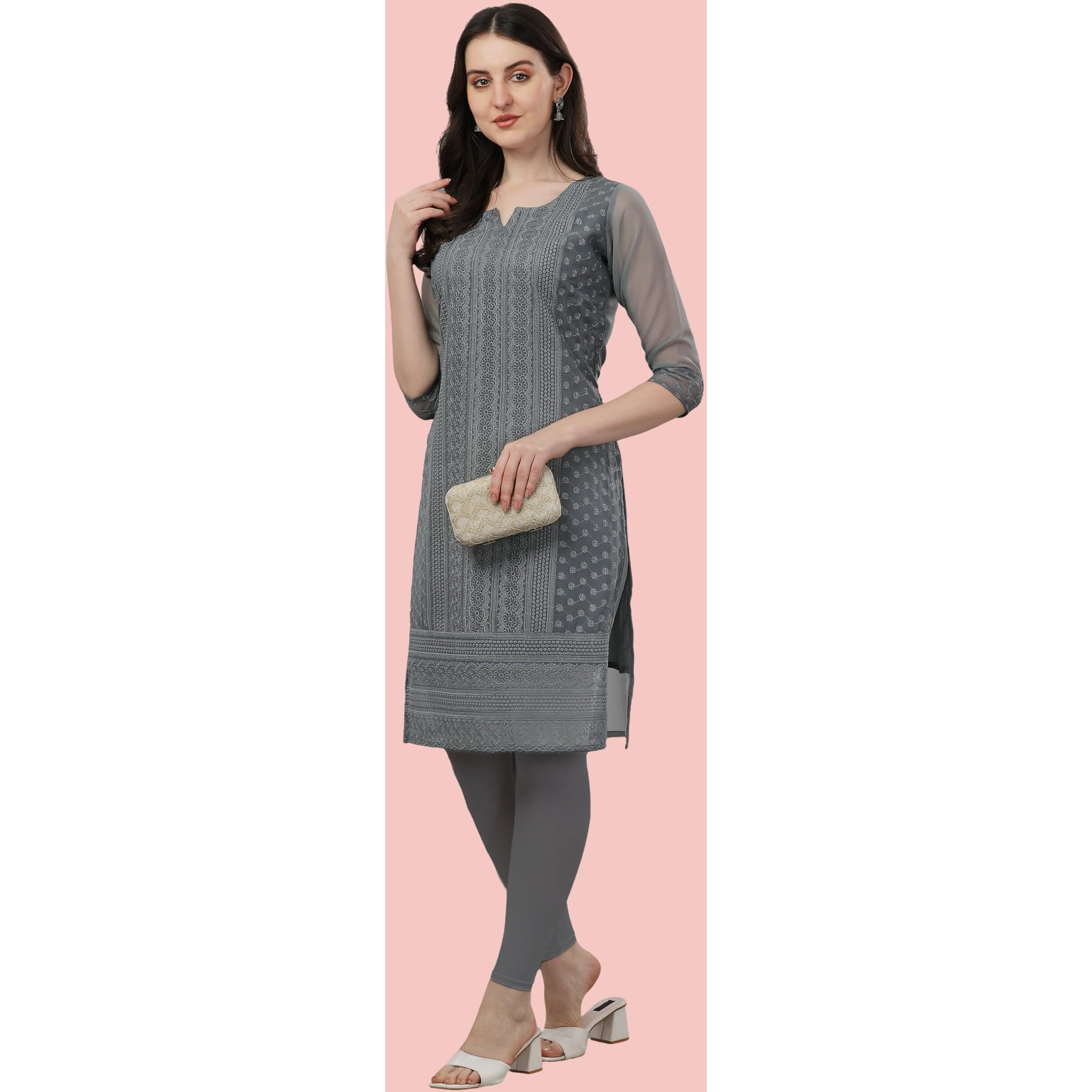 TRILLMIXA Women's Georgette Chikankari Embroidery Knee-Length Kurti for Girls Grey