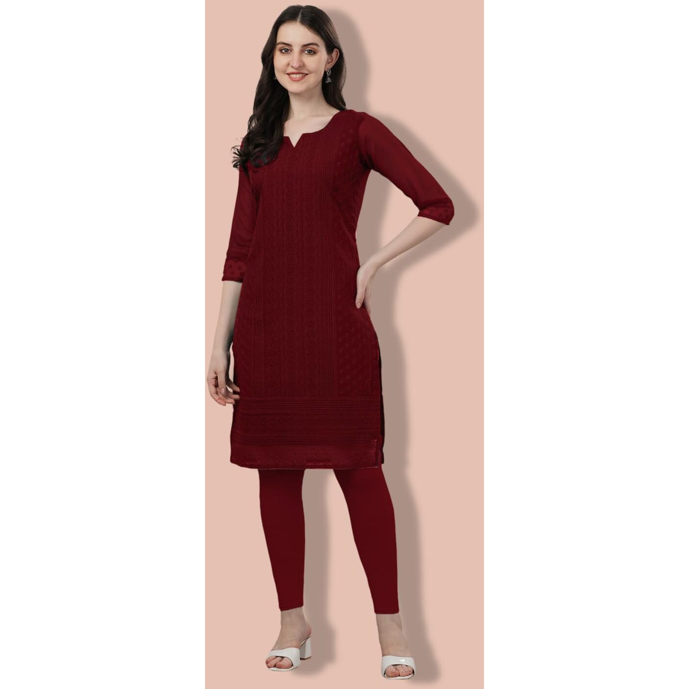 TRILLMIXA Women's Georgette Chikankari Embroidery Knee-Length Kurti for Girls Red