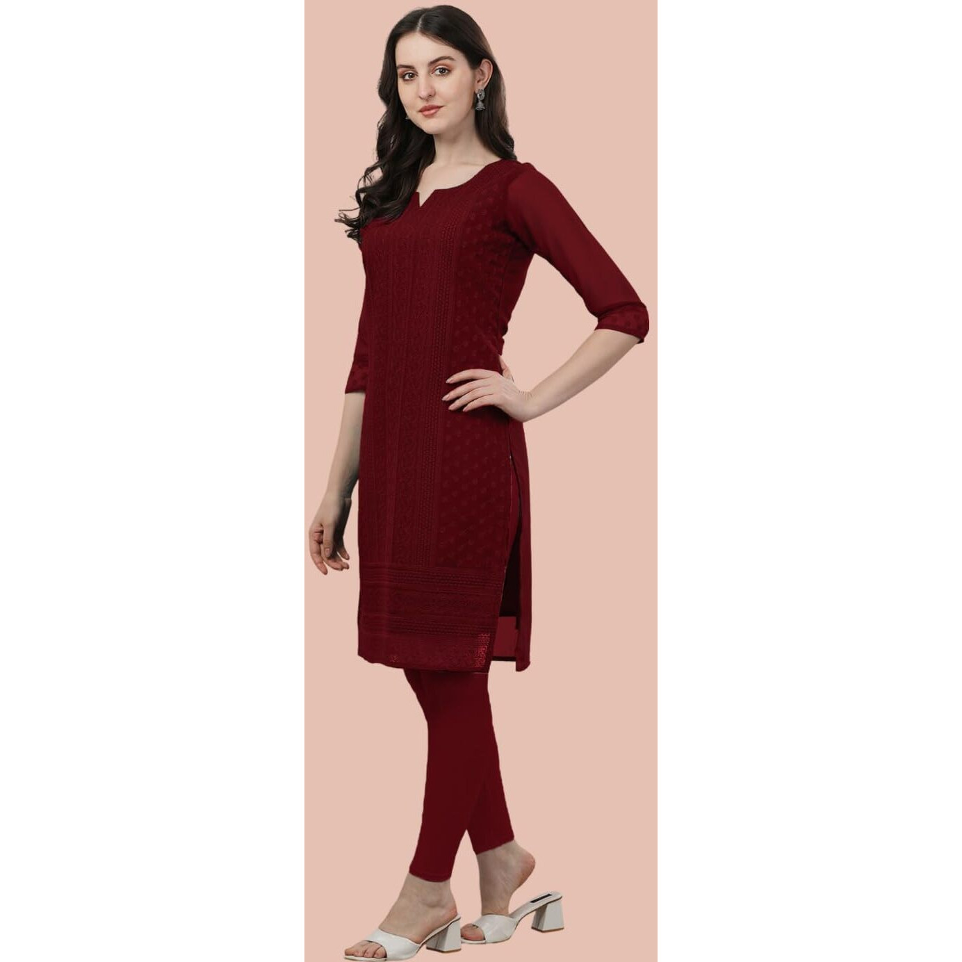 TRILLMIXA Women's Georgette Chikankari Embroidery Knee-Length Kurti for Girls Red