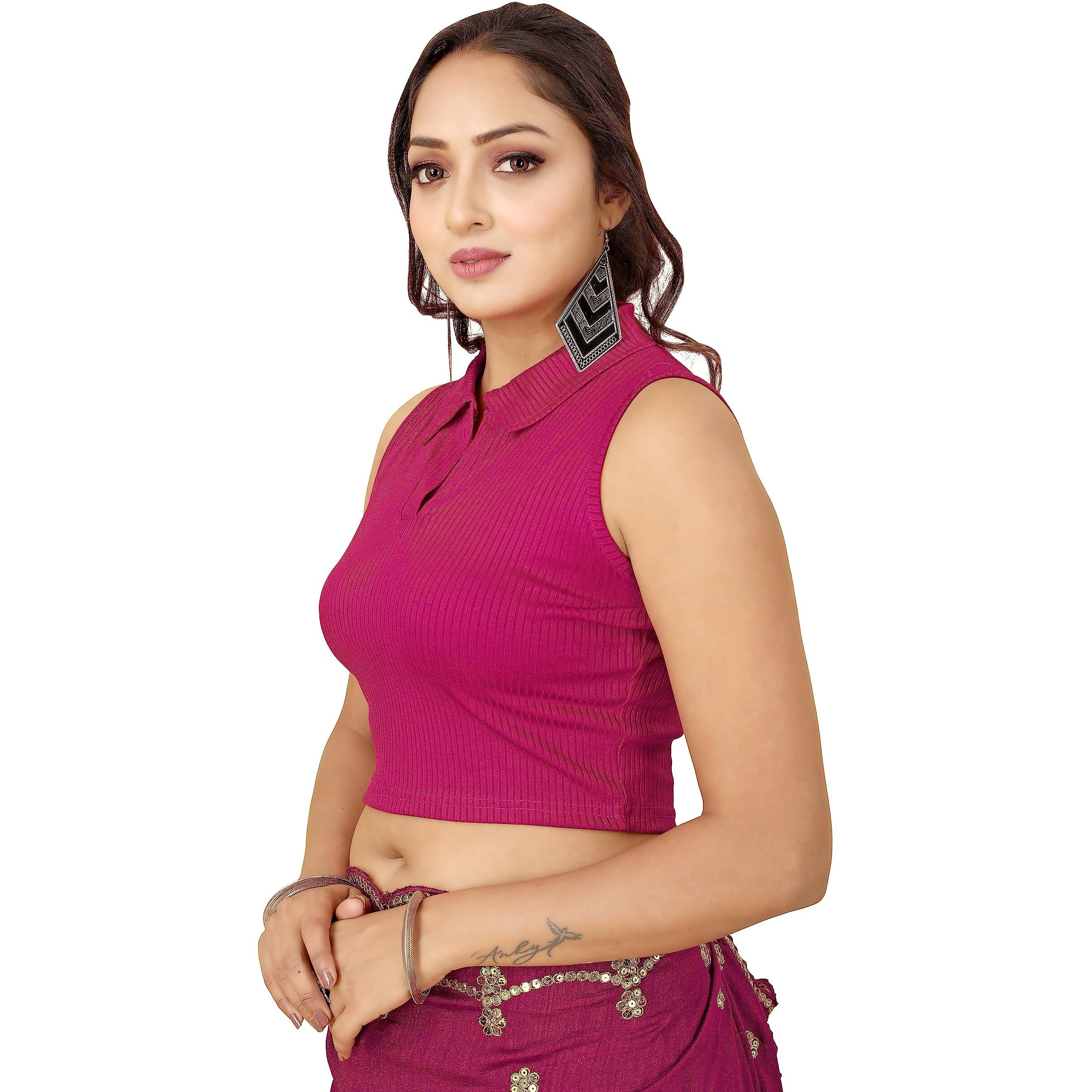 Shasmi Women's & Girls' Solid Ribbed Polo Club Collar Sleeveless Slim Fit Simplicity Blouse for Women (Blouse 49 Wine XS)