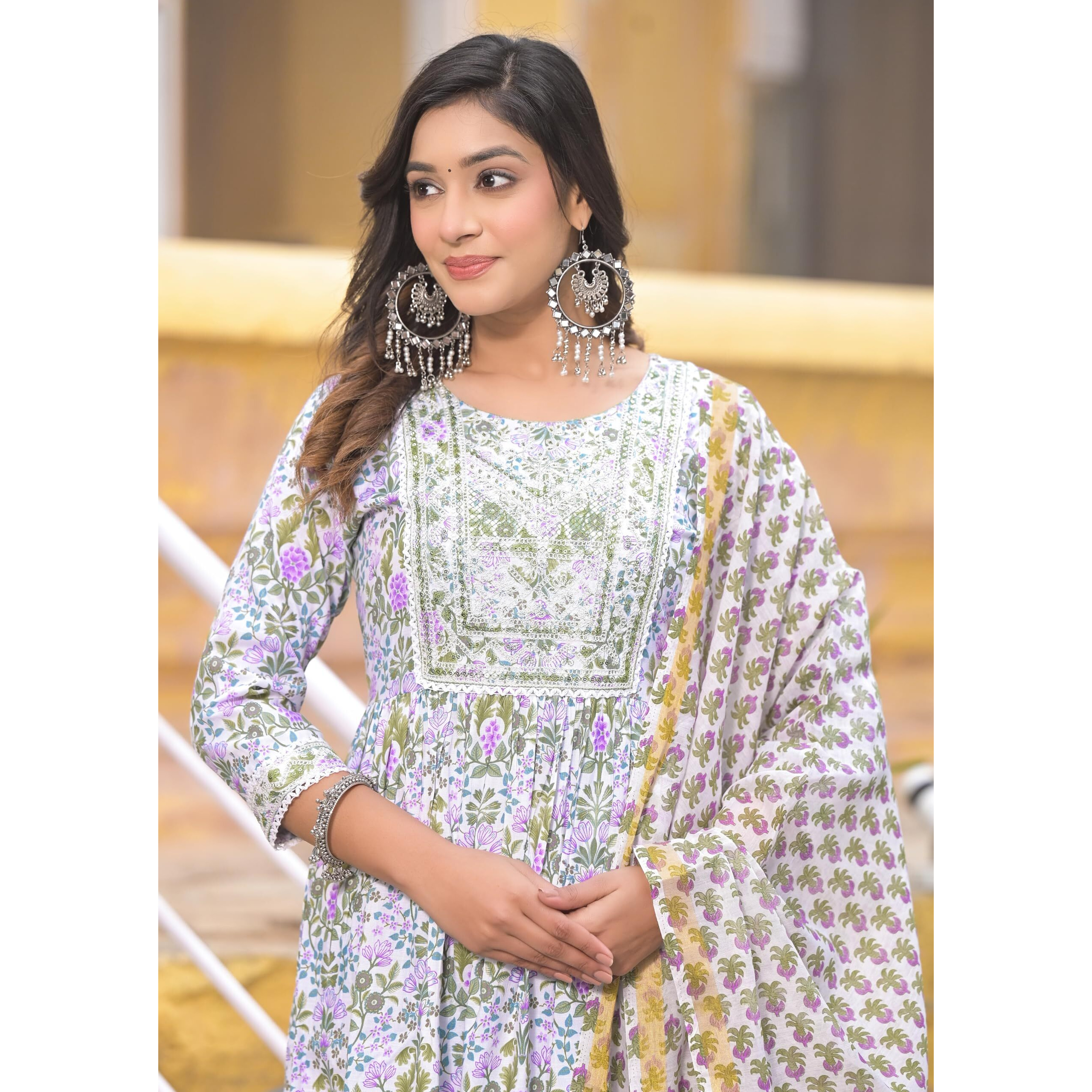KLOSIA Women Floral Printed Anarkali Kurta and Pant Set with Dupatta | Kurta Set | Ethnic Set | Dupatta Set | Wedding Suit | Suit Set | (Small) White