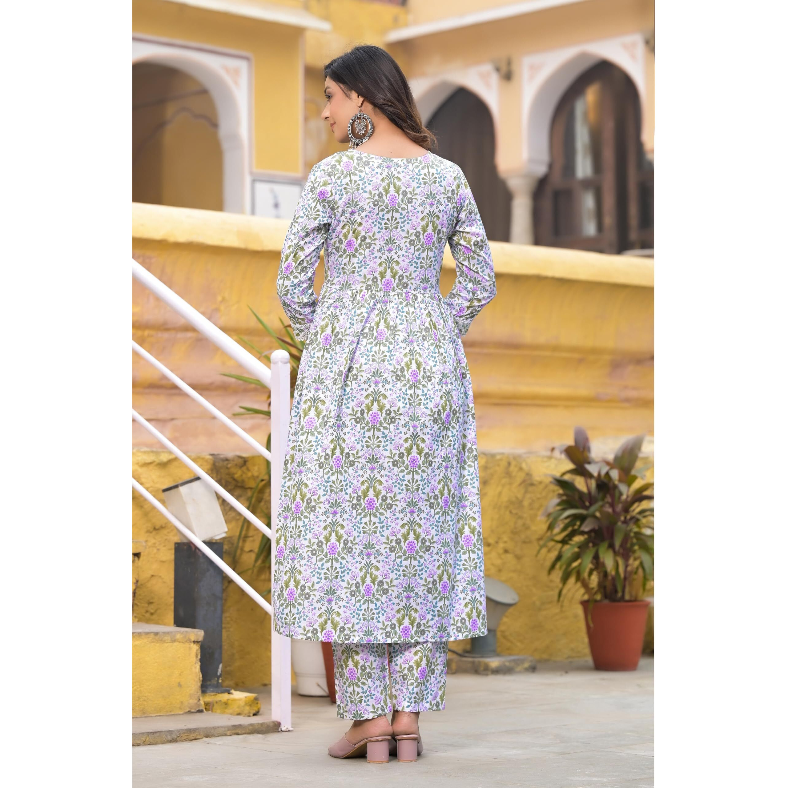 KLOSIA Women Floral Printed Anarkali Kurta and Pant Set with Dupatta | Kurta Set | Ethnic Set | Dupatta Set | Wedding Suit | Suit Set | (Small) White