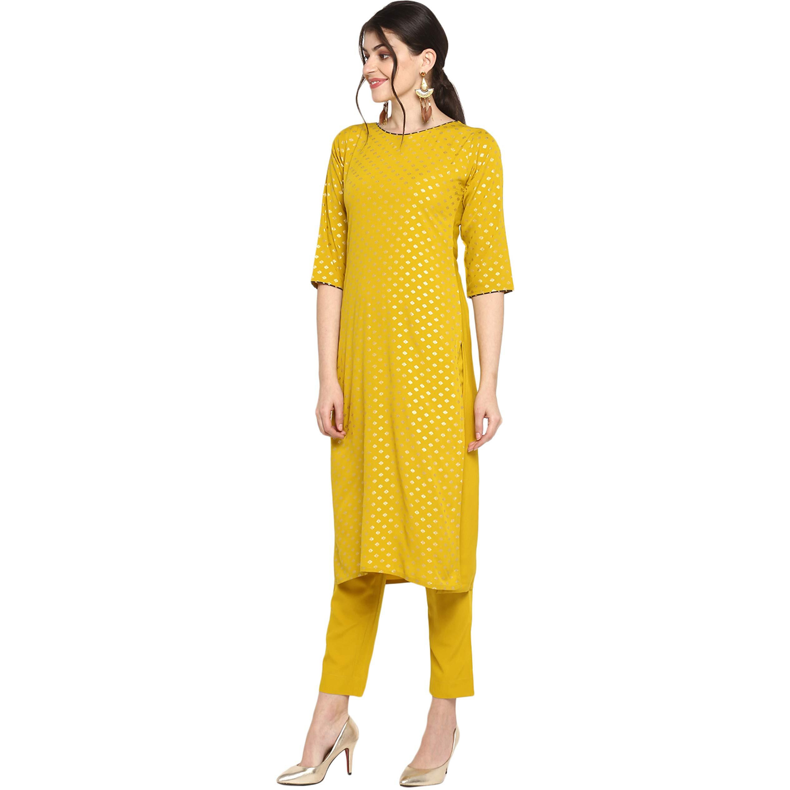 Janasya Women's Mustard Poly Crepe Gold Print Kurta with Pant and Dupatta