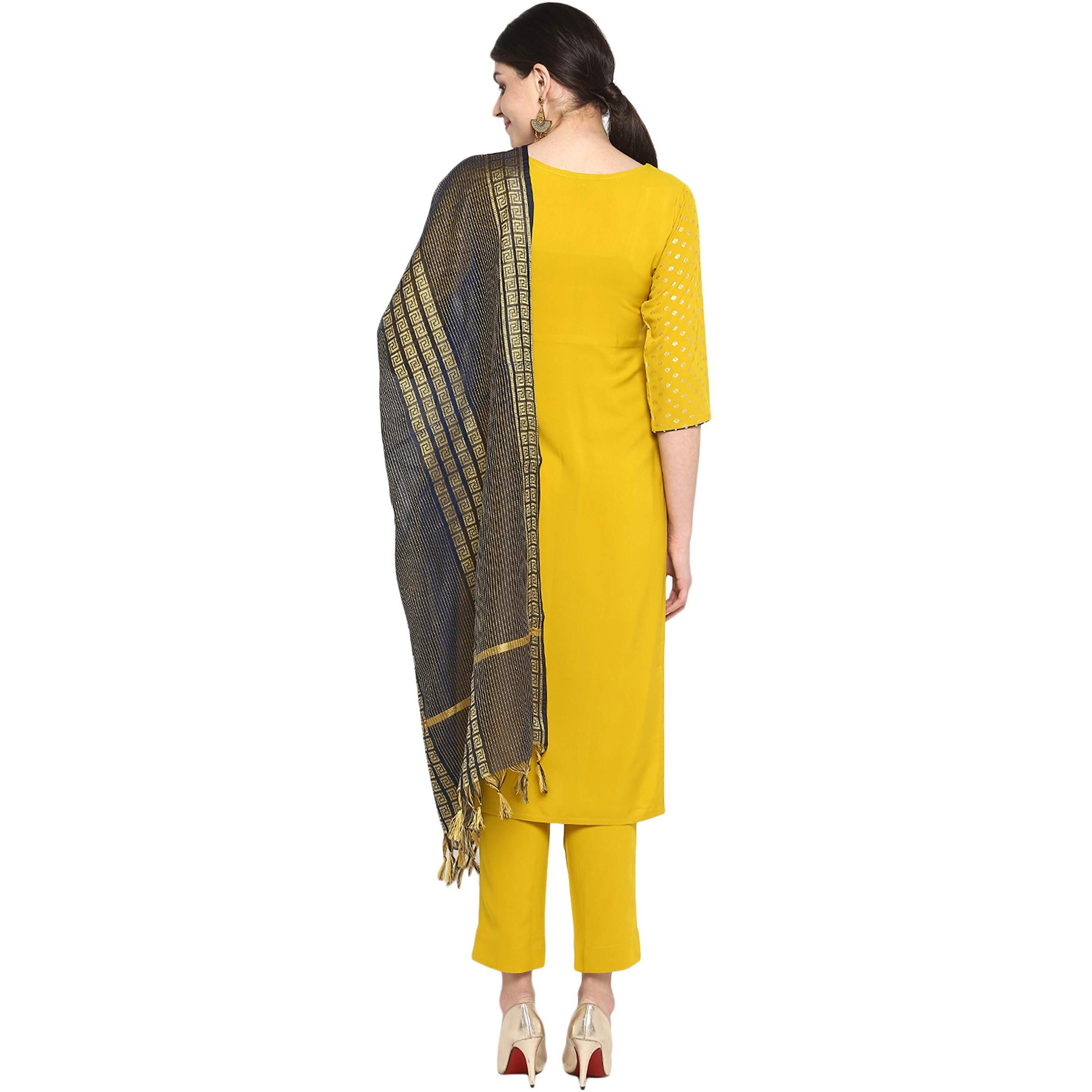 Janasya Women's Mustard Poly Crepe Gold Print Kurta with Pant and Dupatta
