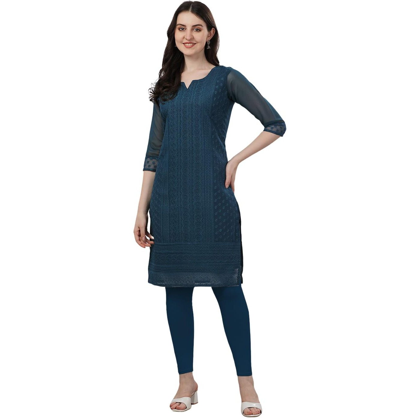 TRILLMIXA Women's Georgette Chikankari Embroidery Knee-Length Kurti for Girls Multicolour
