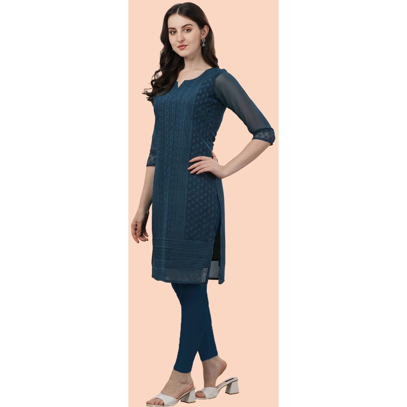 TRILLMIXA Women's Georgette Chikankari Embroidery Knee-Length Kurti for Girls Multicolour