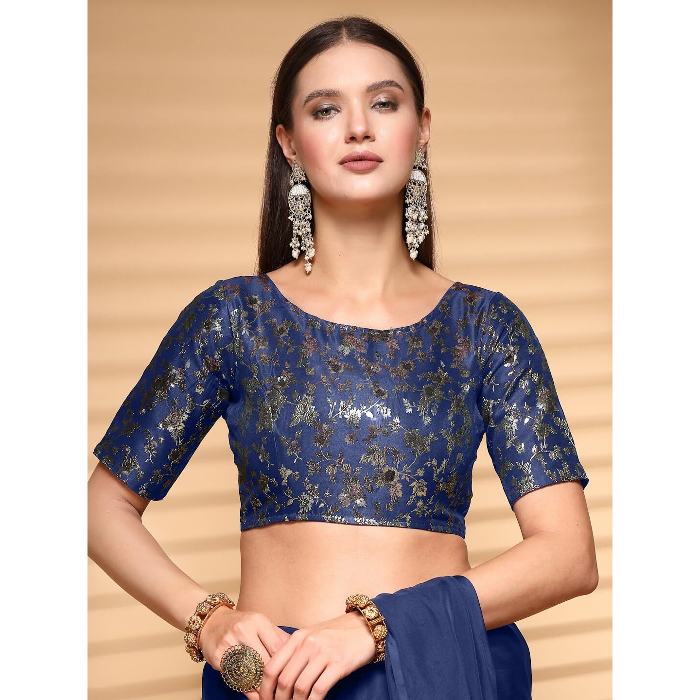OOMPH Readymade Blouse for Women, Brocade, Boat Neck, rbbl529