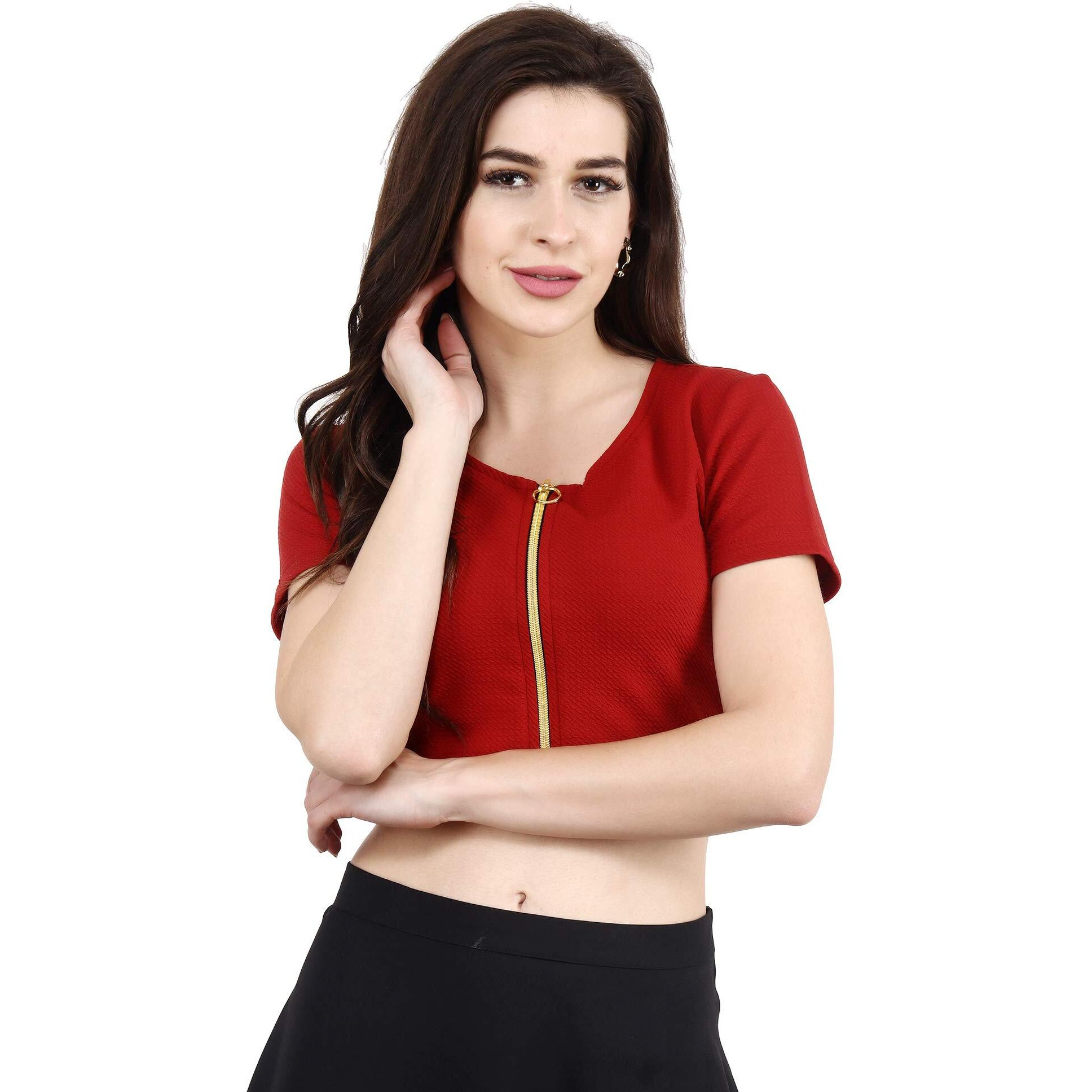 POPWINGS Solid Casual Half-Sleeves Regular-Fit Crop Tops for Women with Front Chain| Crop Tops for Women Stylish Western Summer Wear Maroon