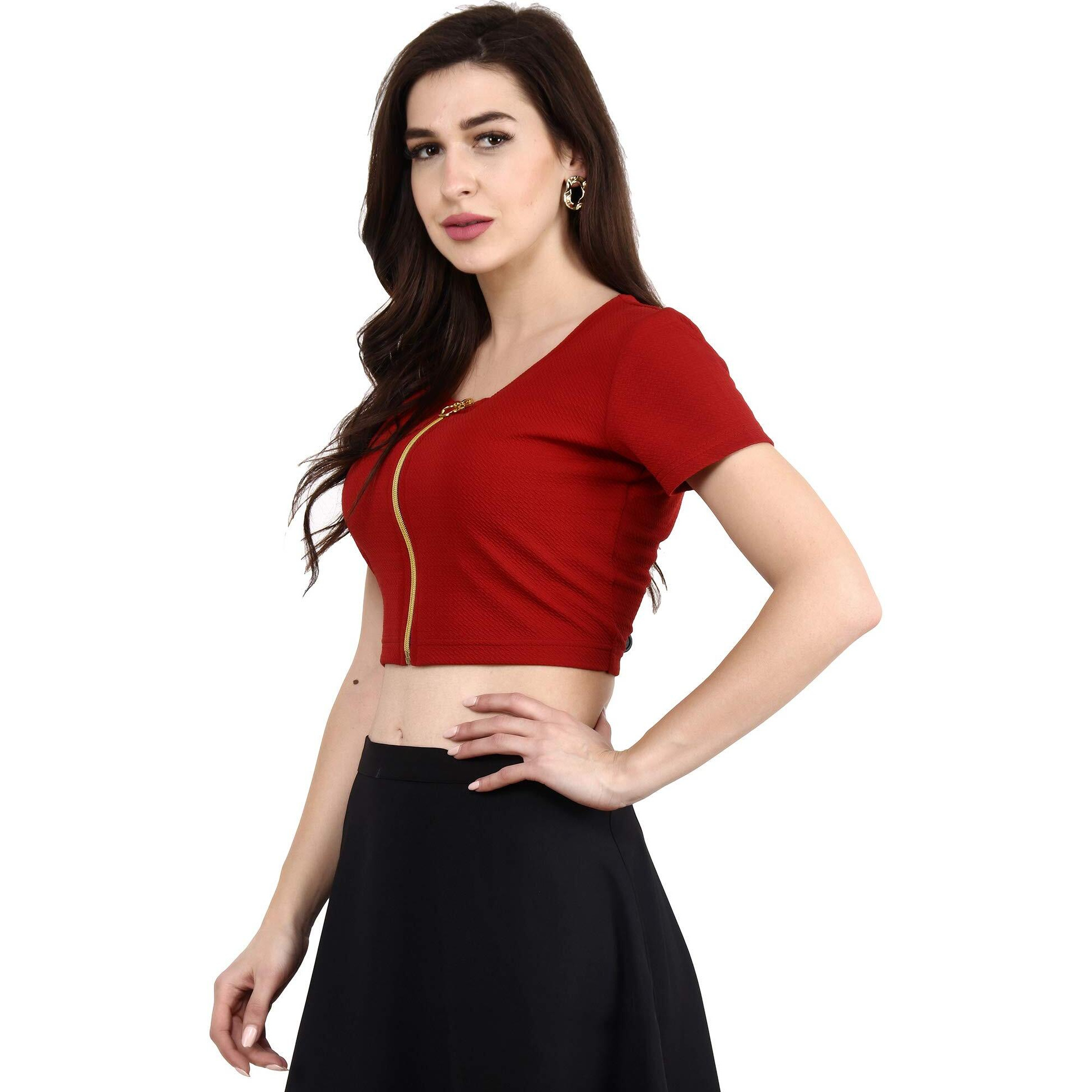 POPWINGS Solid Casual Half-Sleeves Regular-Fit Crop Tops for Women with Front Chain| Crop Tops for Women Stylish Western Summer Wear Maroon