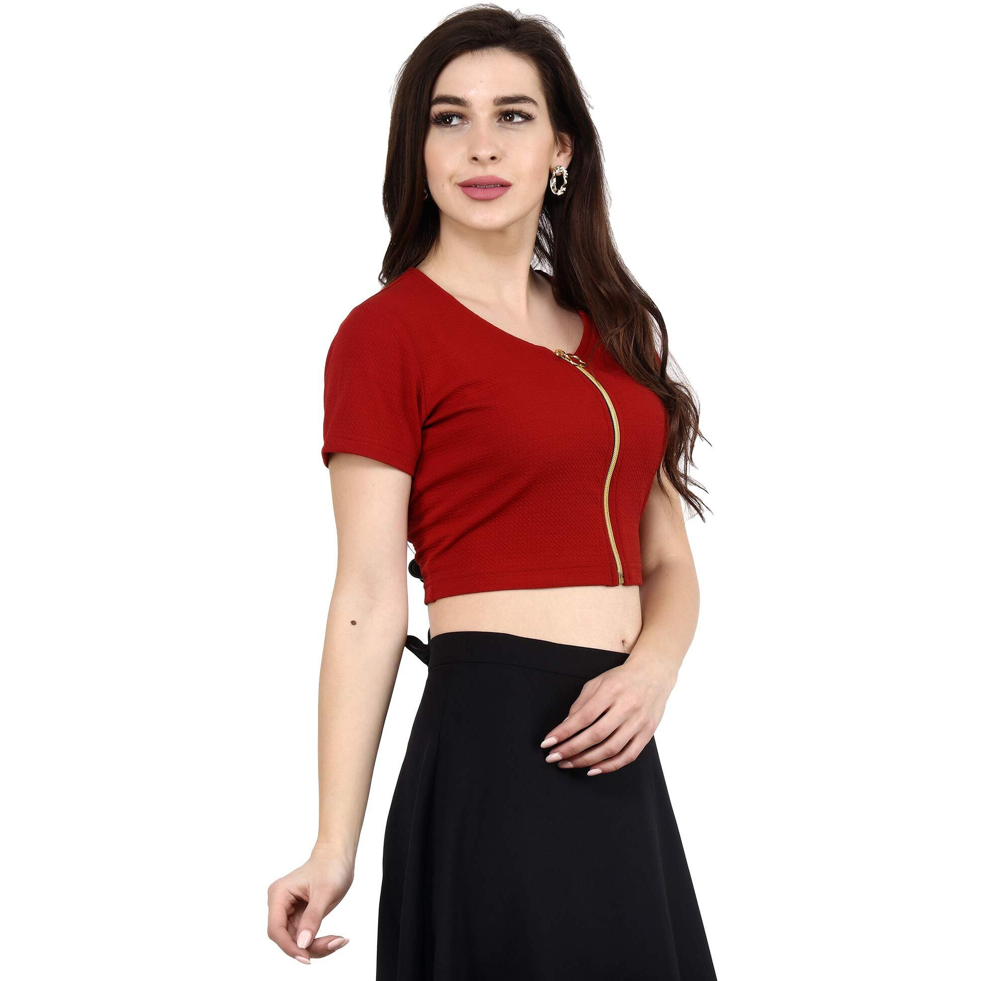 POPWINGS Solid Casual Half-Sleeves Regular-Fit Crop Tops for Women with Front Chain| Crop Tops for Women Stylish Western Summer Wear Maroon