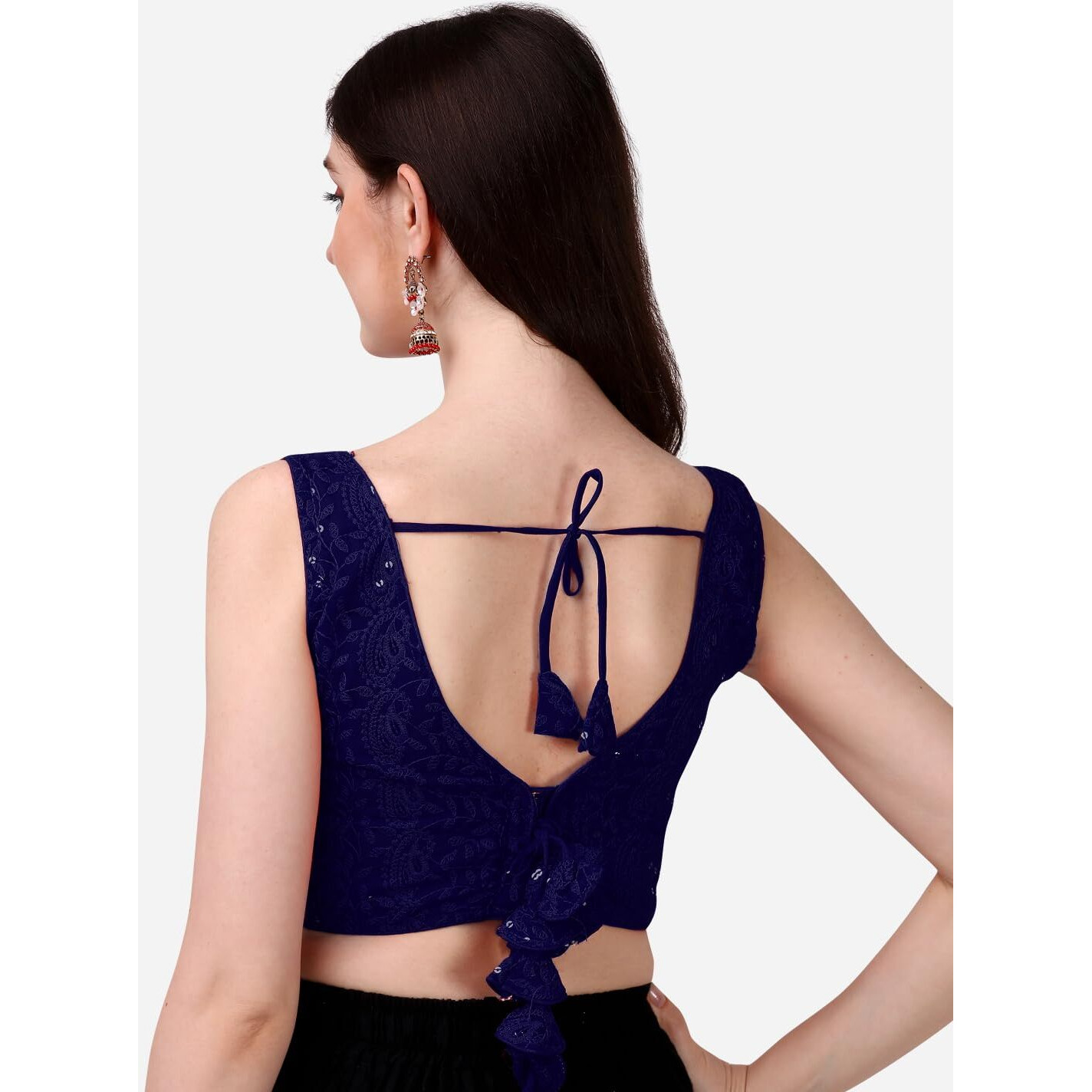 Sumaira Tex Women's Georgette Sipali Sequin Work Sleeveless Blouse (Lakhnavi 5_Navy Blue_38)