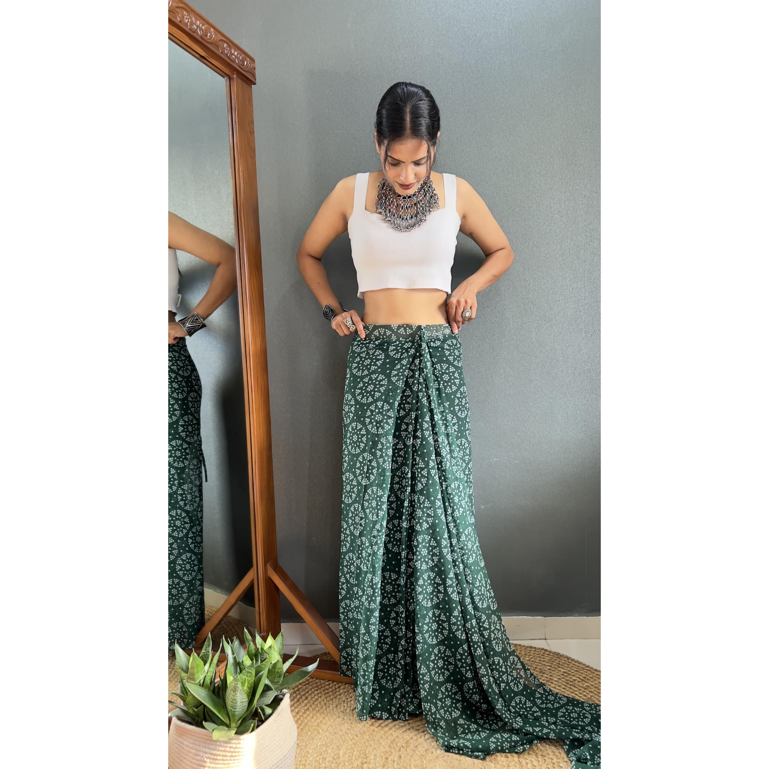 Stylescope Women's Georgette Bandhani Printed Ready To Wear One Minute Saree With Unstitched Blouse Piece (RTW Sitara Bottle Green_Bottle Green_Free Size)