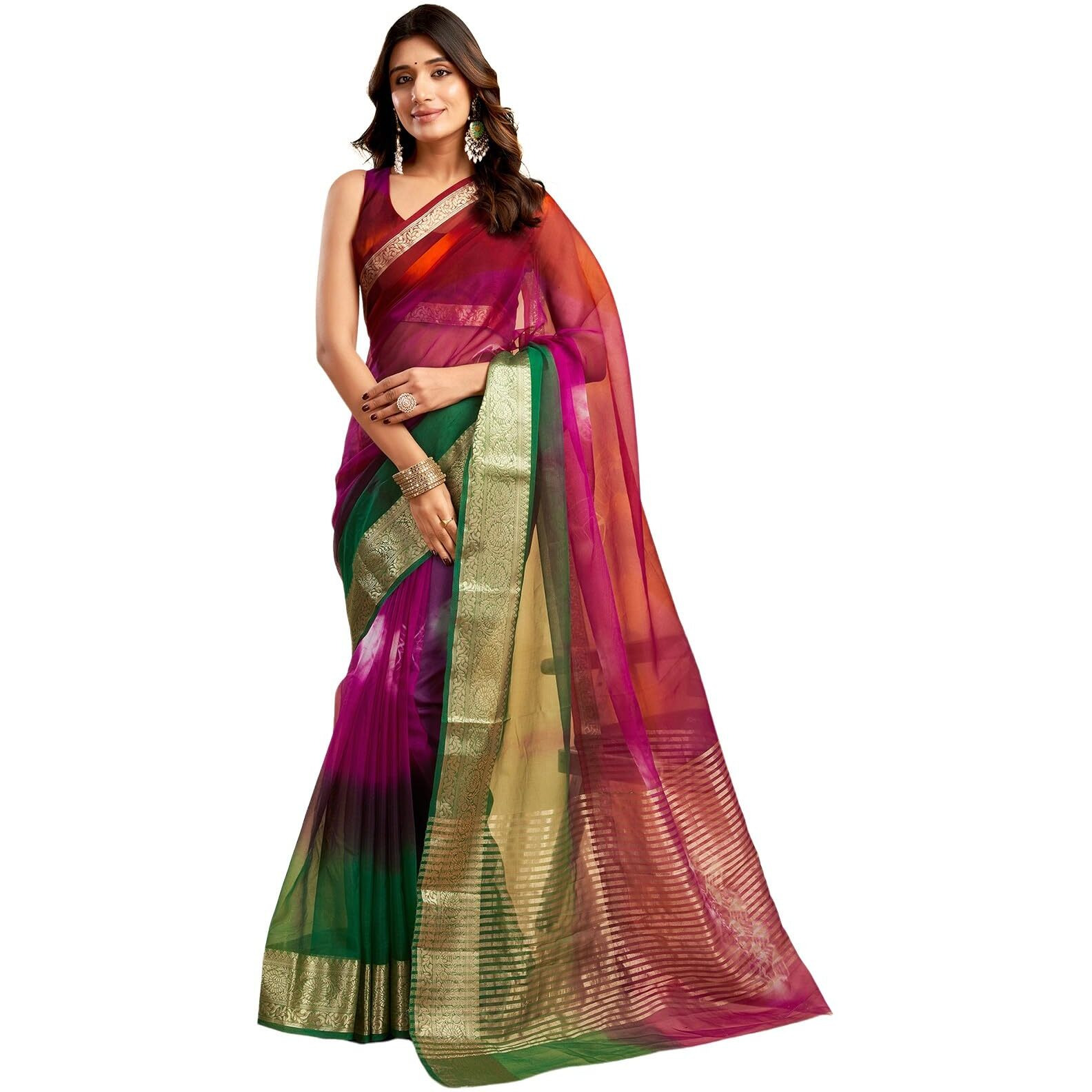 Satrani Women's Organza Saree (3992S603N_Red & Purple & Maroon)