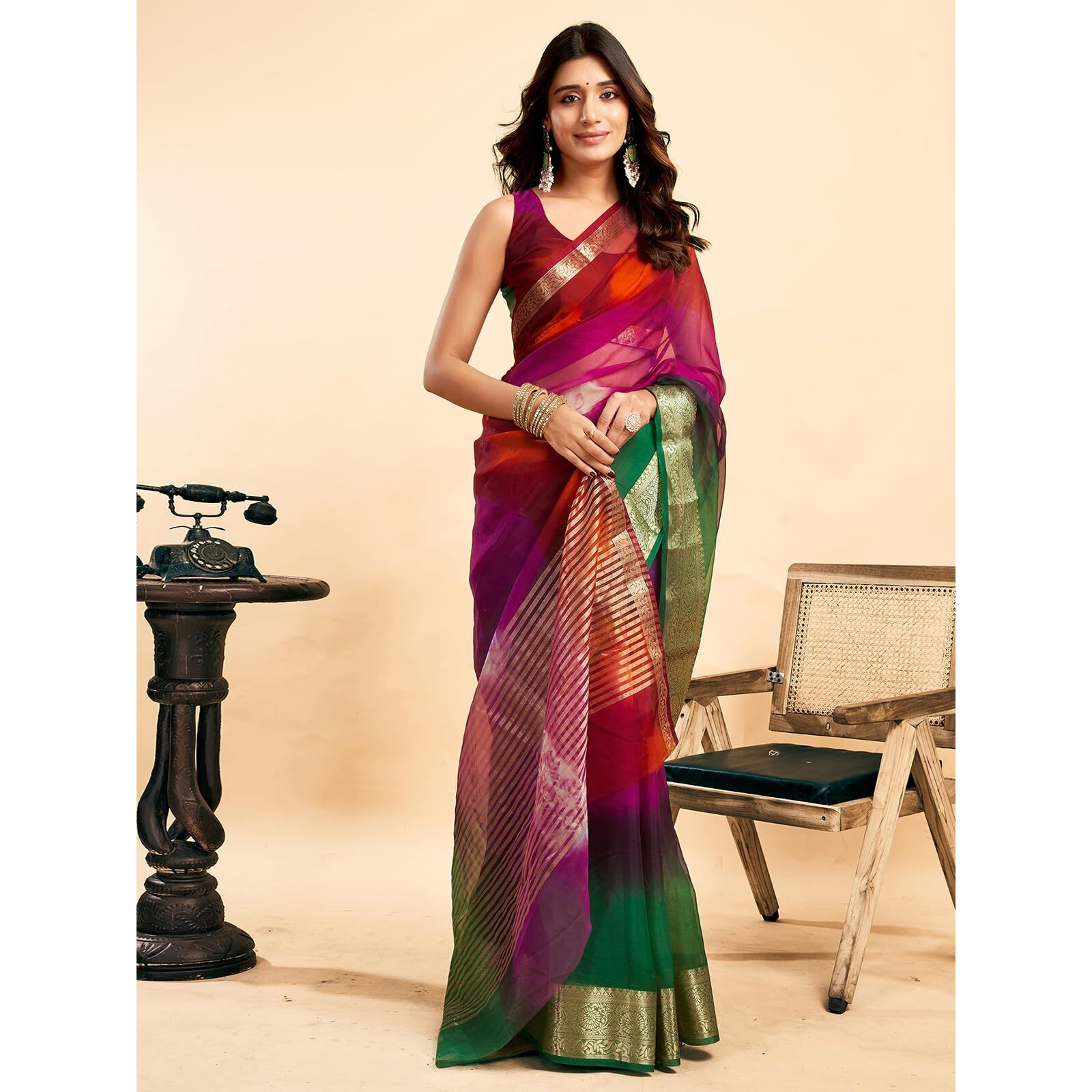 Satrani Women's Organza Saree (3992S603N_Red & Purple & Maroon)