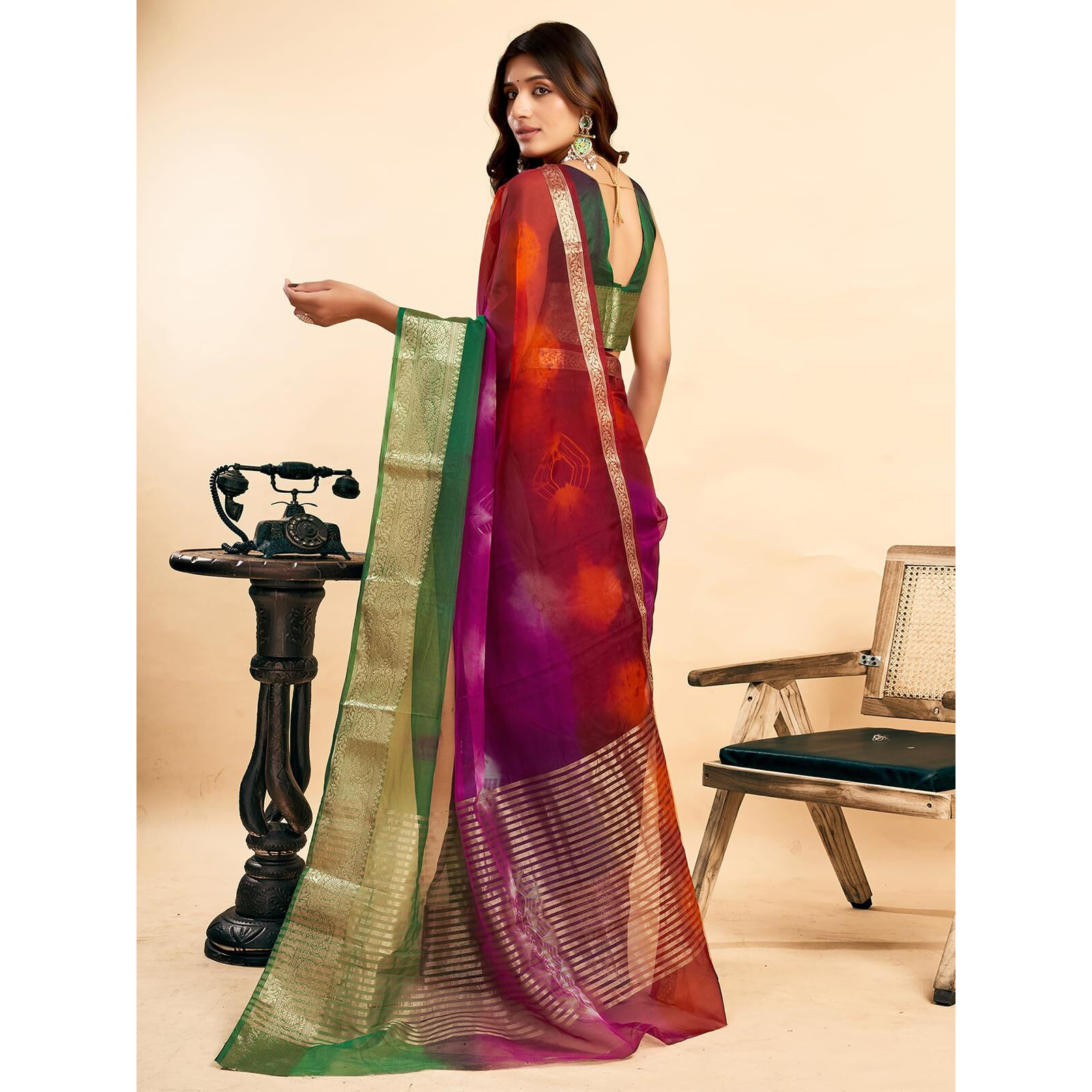 Satrani Women's Organza Saree (3992S603N_Red & Purple & Maroon)